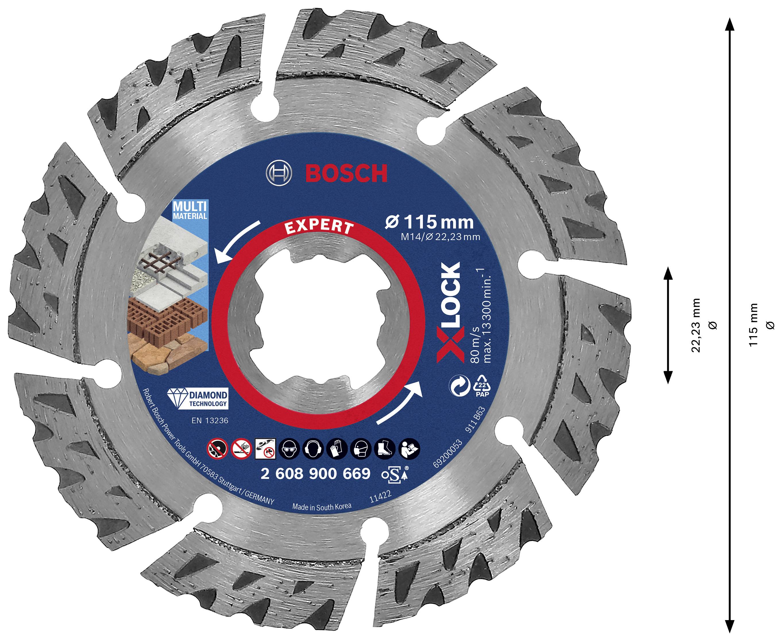 Bosch Expert X-Lock Trennscheibe für Multimaterialien, einschließlich Beton und Stein. Durchmesser 115 mm, maximale Drehzahl 13200 U/min.