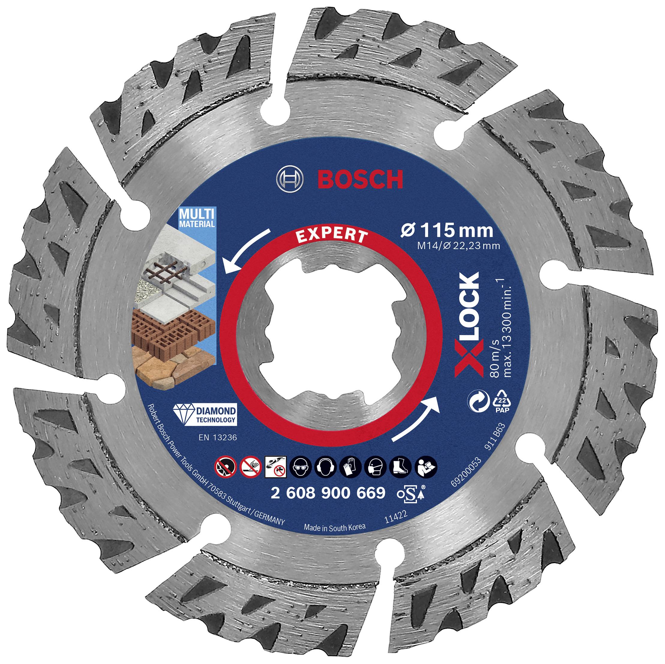 Trennscheibe von Bosch mit X-Lock für Multi-Materialien, Durchmesser 115 mm. Geeignet zum Schneiden von Ziegel und Beton.