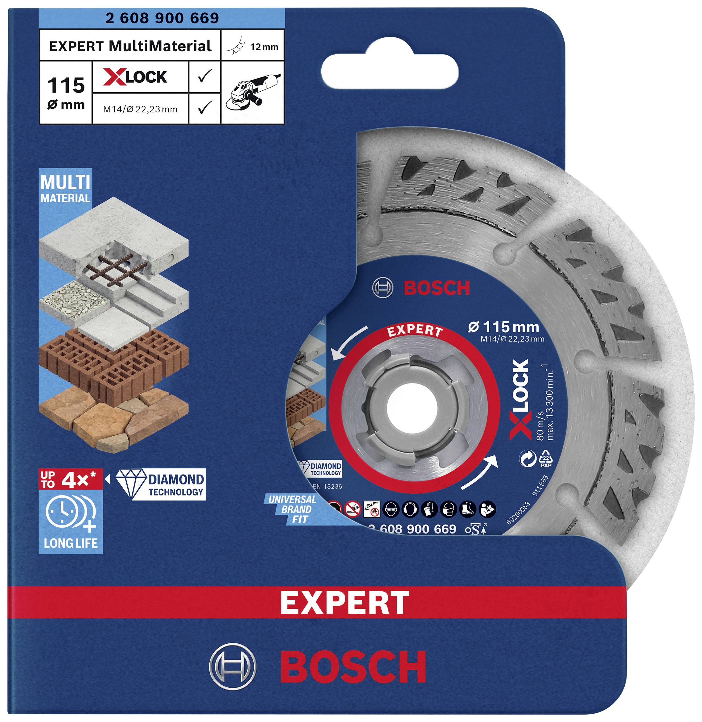 'Bosch Expert X-LOCK' Diamanttrennscheibe für mehrere Materialien, Durchmesser 115 mm. Geeignet für Ziegel, Beton, Stein.