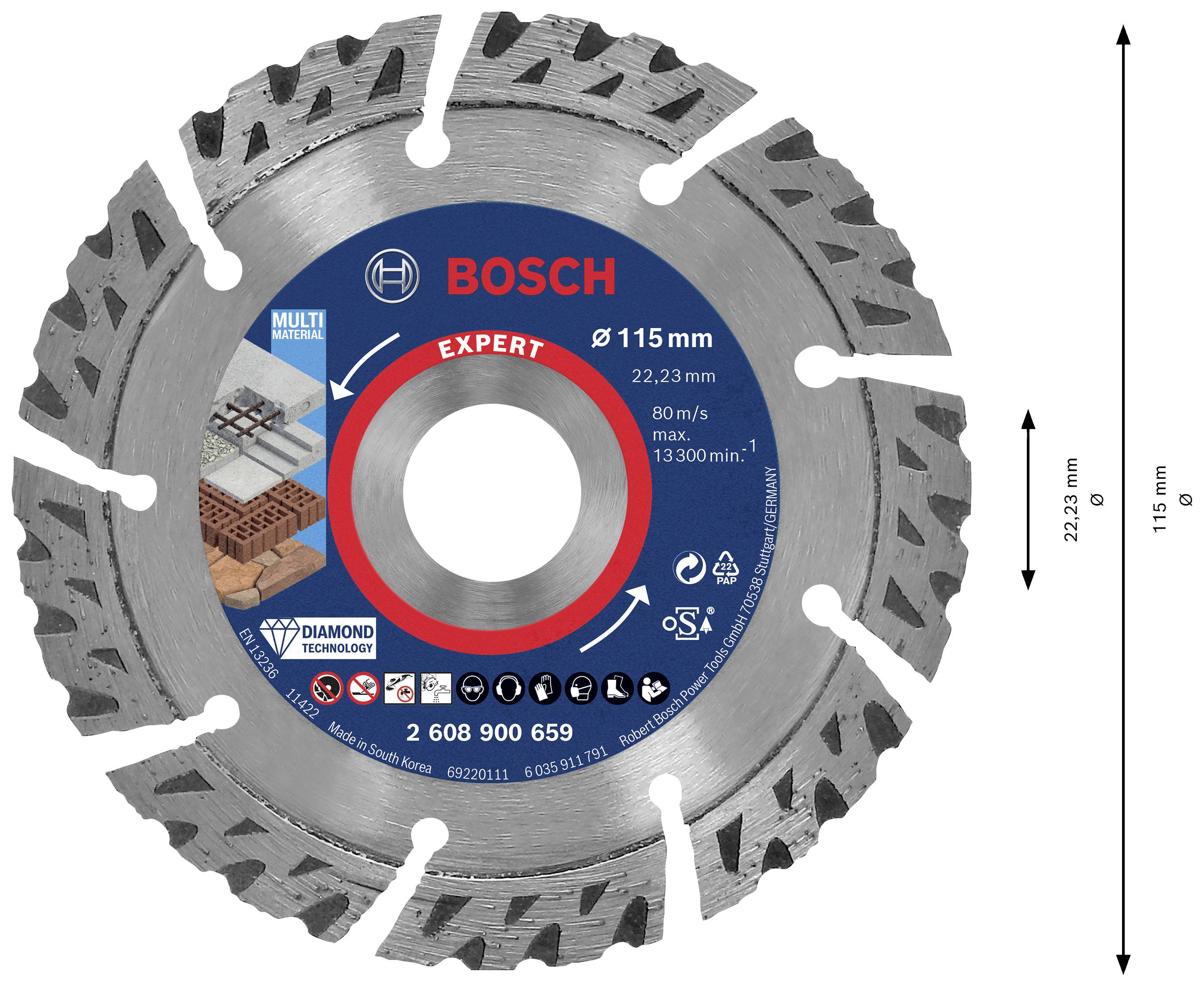 Bosch Accessories 2608900659 EXPERT MultiMaterial Diamanttrennscheibe Durchmesser 115 mm Bohrungs-Ø 22.23 mm Stein, Beton, Ziegel 1 St.