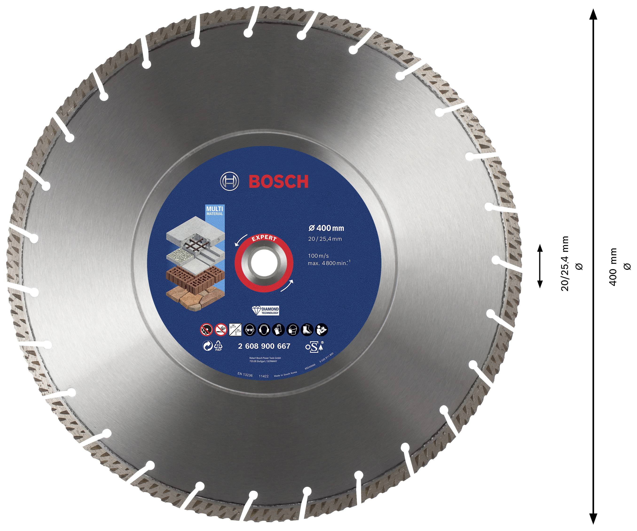 Runder Metallsägeblatt von Bosch, Durchmesser 400 mm, geeignet für Ziegel, Beton, Granit. Größenskala rechts zeigt 204,54 mm.