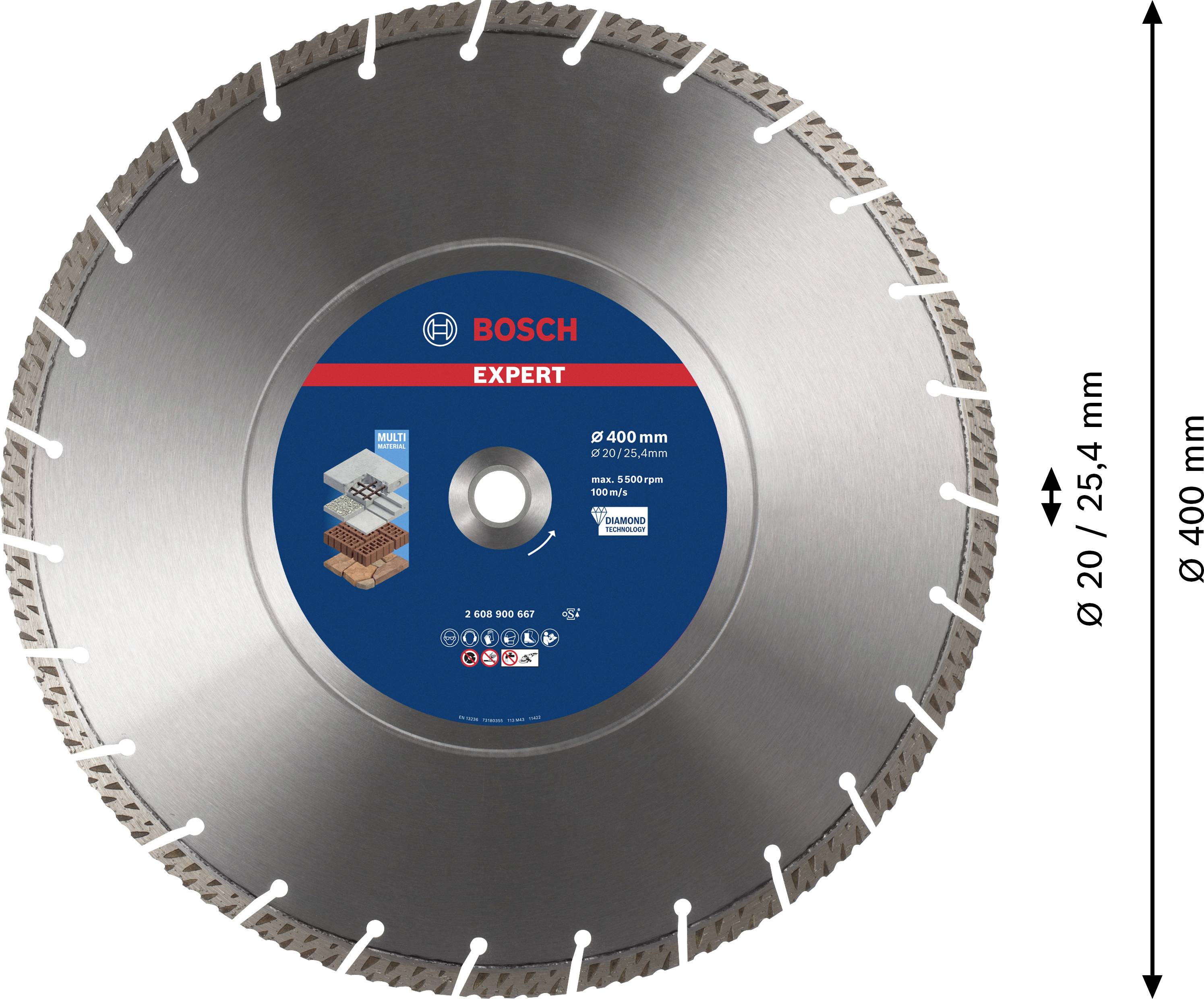 Kreissägeblatt von Bosch, Durchmesser: 400 mm, für Beton und Mauerwerk geeignet, mit Bildsymbolen zur Materialanwendung.
