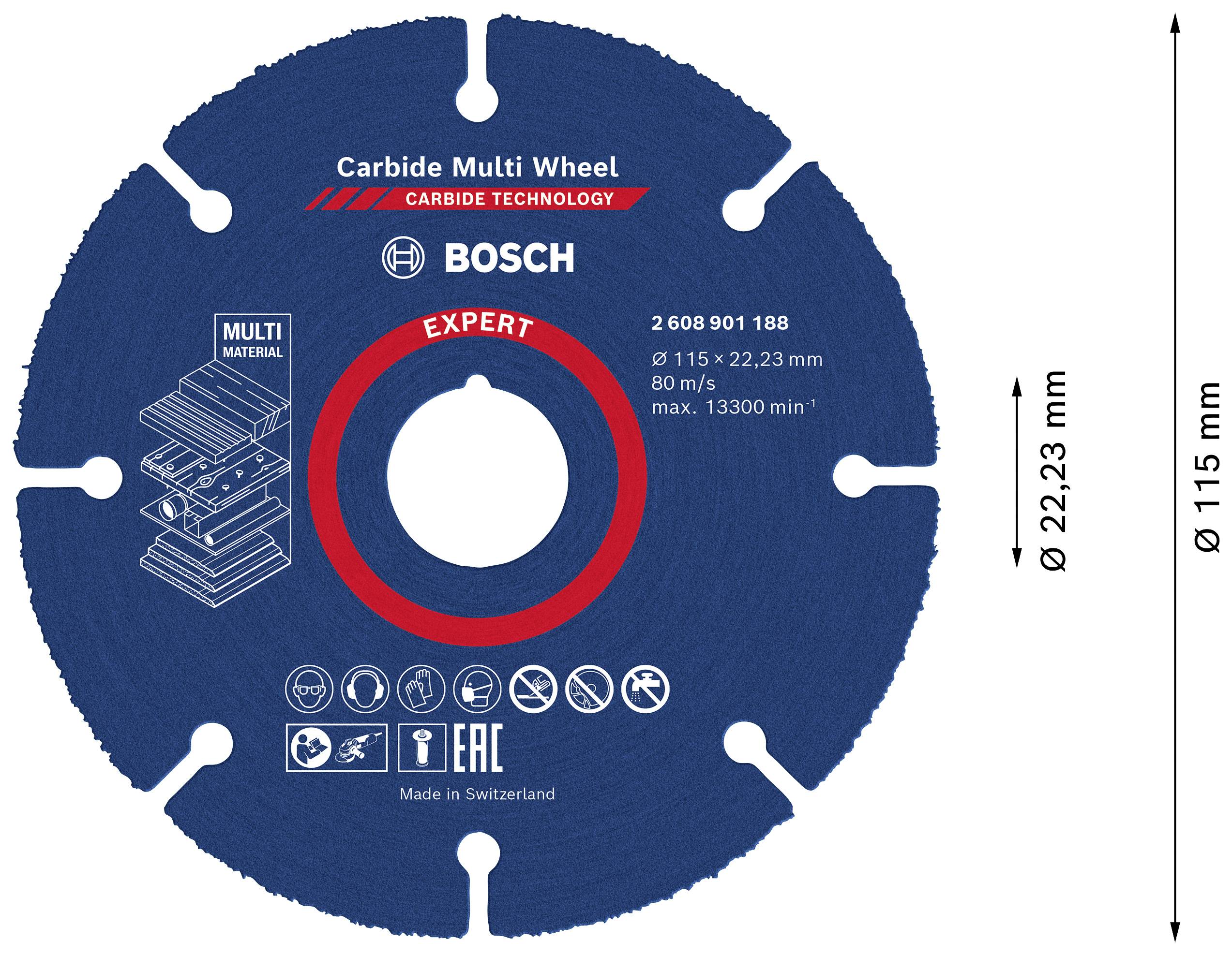 Bosch 'Carbide Multi Wheel' Trennscheibe, Durchmesser 115 mm, Schnitttiefe 22,23 mm, geeignet für Multimaterial, hergestellt in der Schweiz.