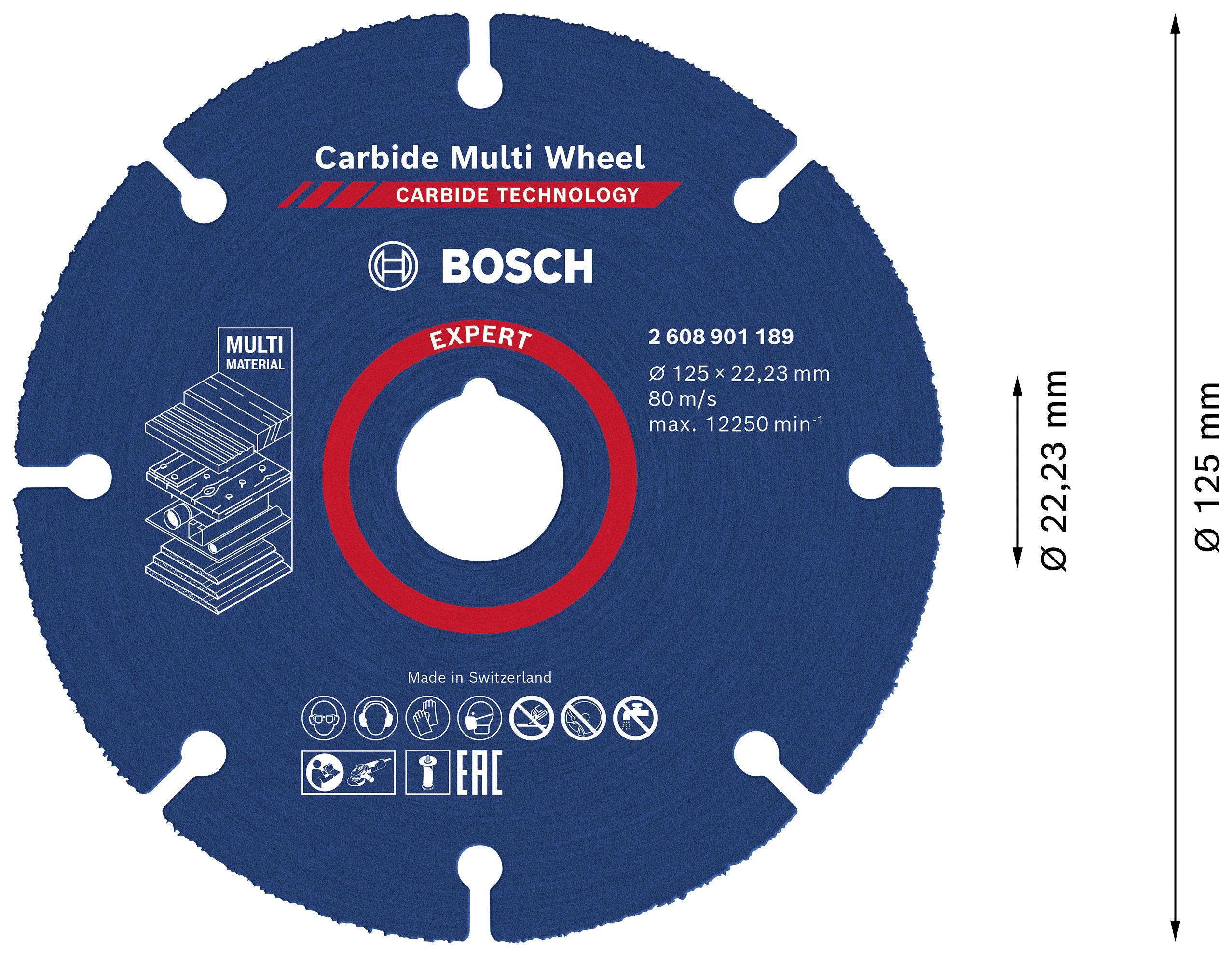 Rundes Sägeblatt, Bosch Carbide Multi Wheel, Durchmesser 125 mm, Bohrung 22,23 mm, geeignet für verschiedene Materialien.