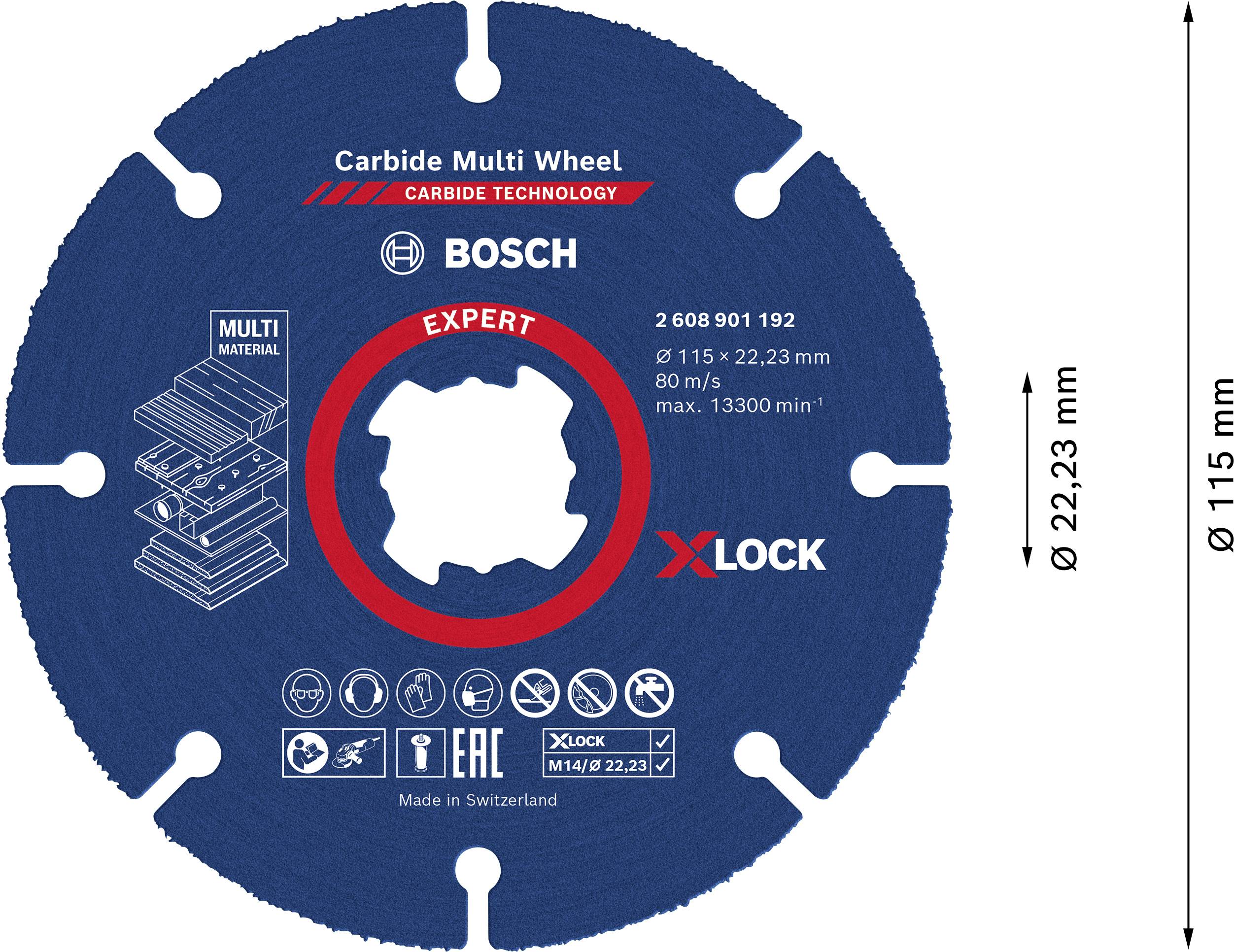 Scheibe mit Beschriftung 'Carbide Multi Wheel', Bosch-Logo, Durchmesser 115 mm, Bohrung 22,23 mm, Drehzahl 13.300 min⁻¹, 'X-LOCK'.