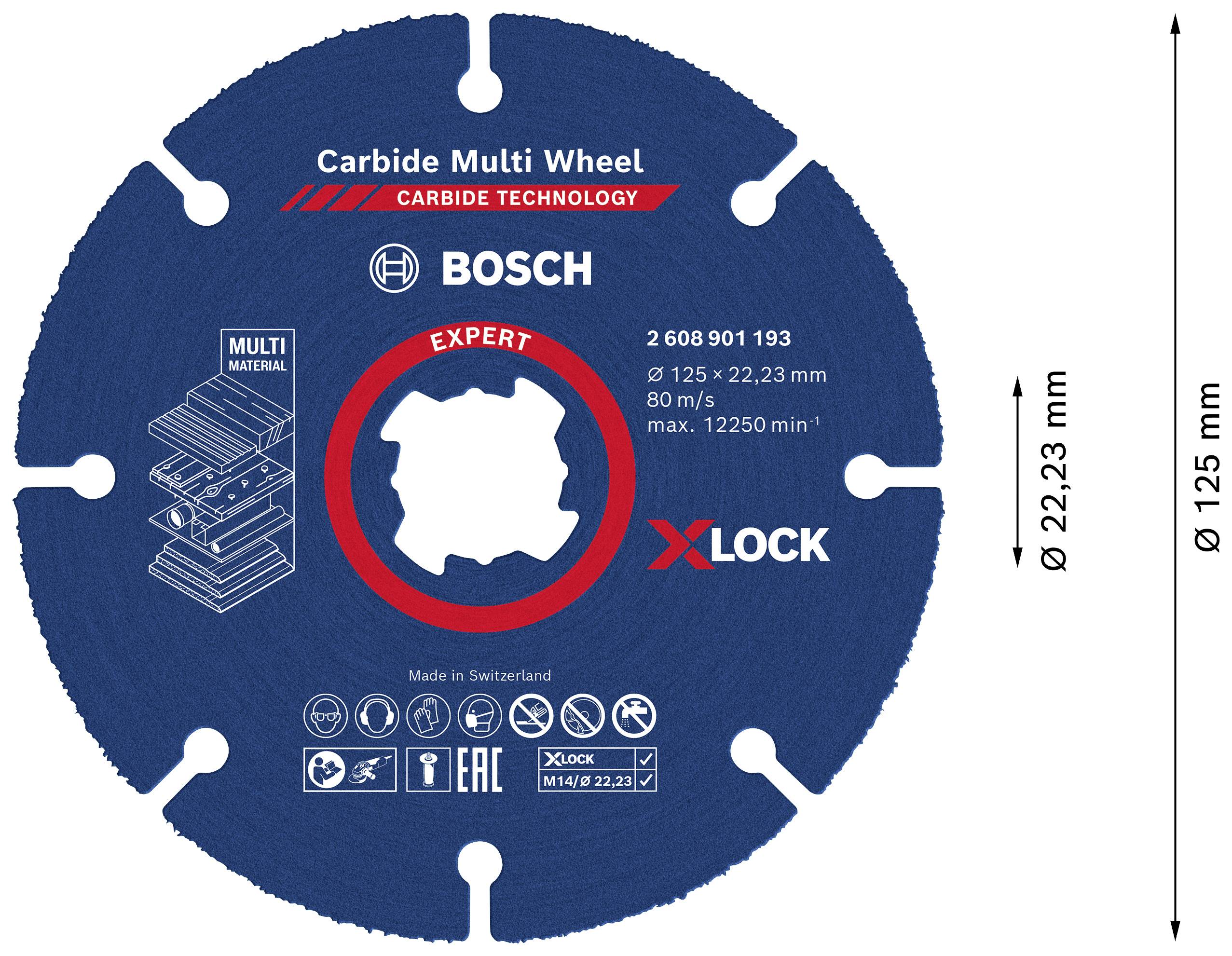 Blaues Kreissägeblatt von Bosch, 'Carbide Multi Wheel', Durchmesser 125 mm, mit X-LOCK-System, für Multi-Material-Schnitte.