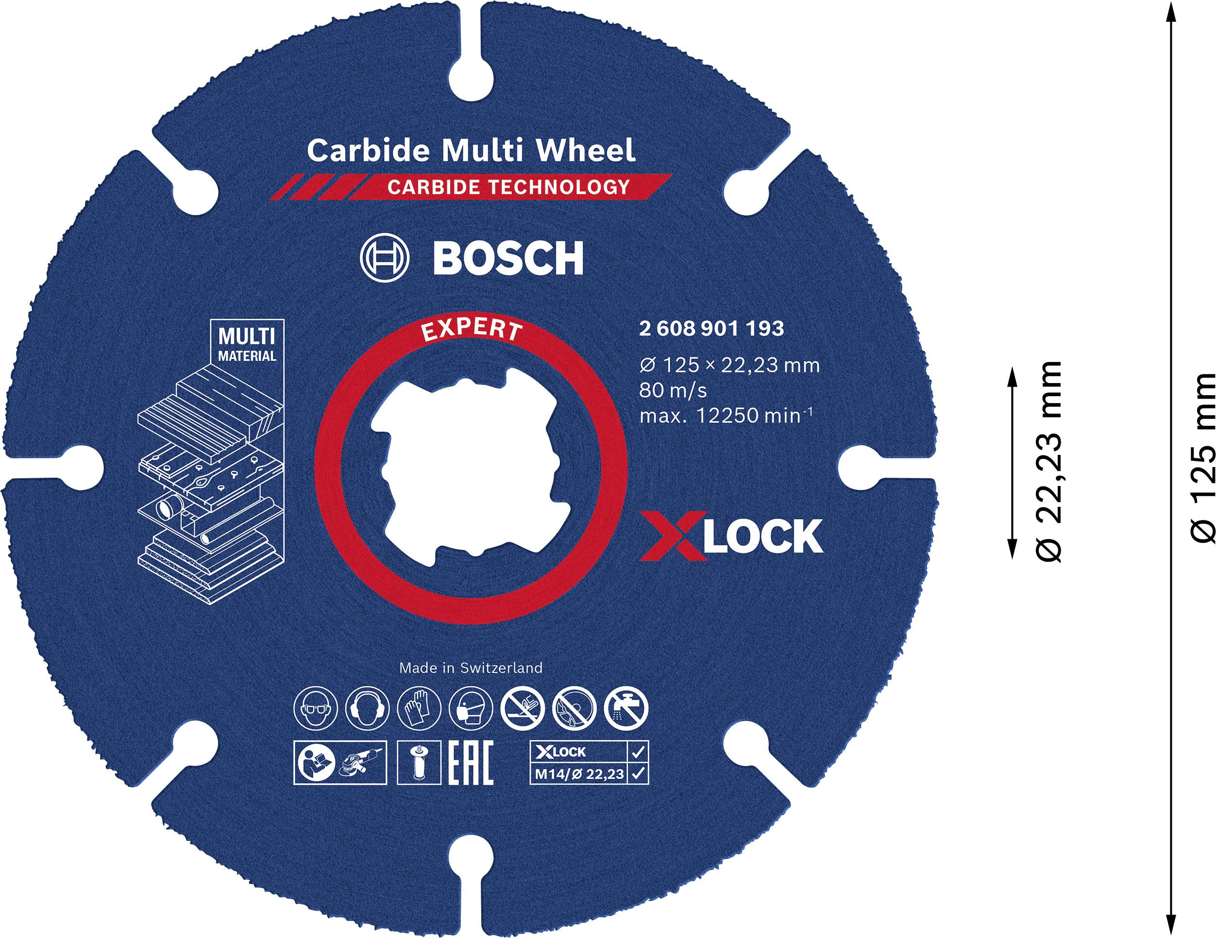 Blaues 'Carbide Multi Wheel' für 'X-LOCK', 125 mm Durchmesser. Geeignet für diverse Materialien, hergestellt in der Schweiz.