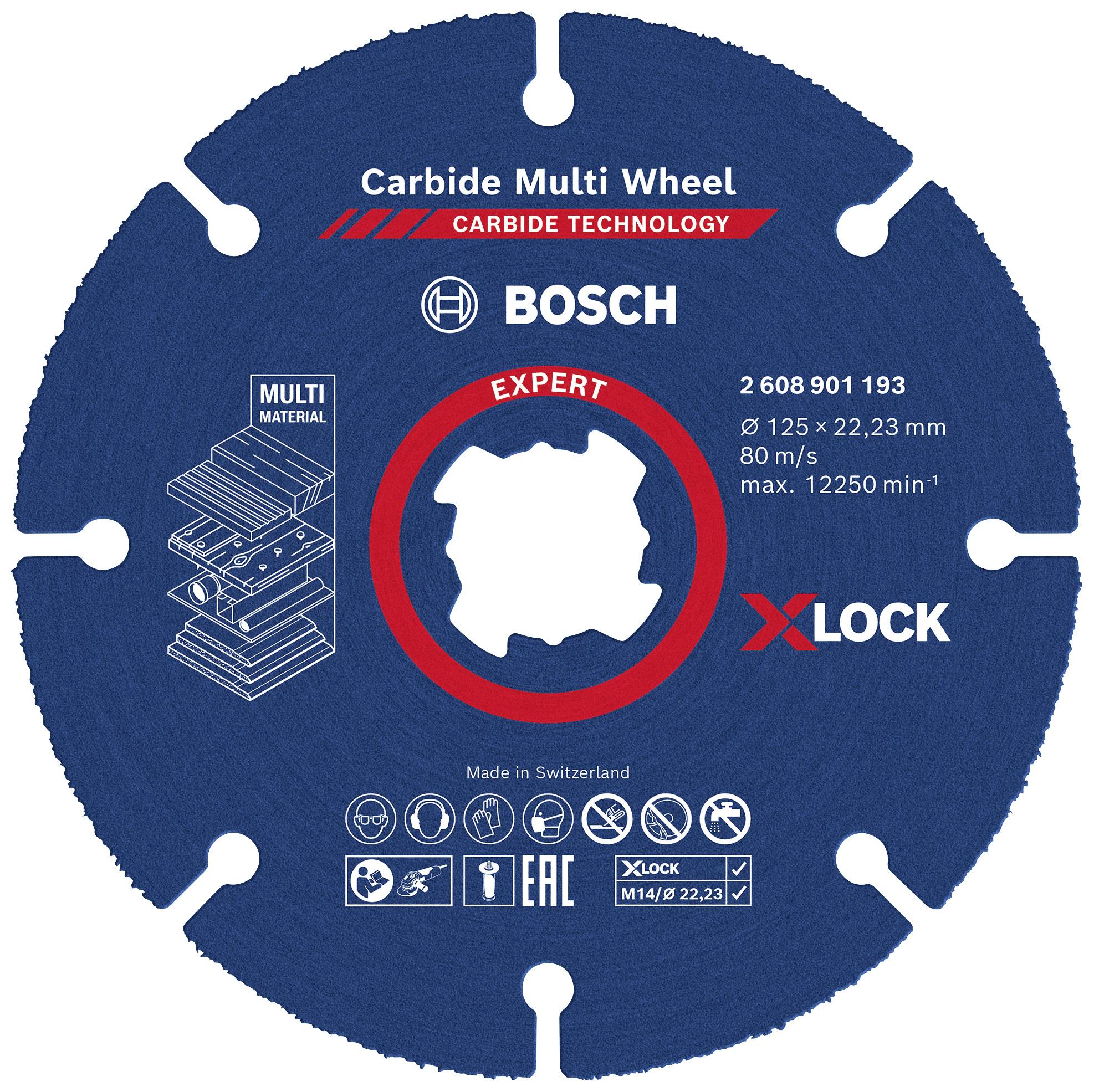 Schleifscheibe 'Carbide Multi Wheel' von Bosch, geeignet für 125 mm X-LOCK, für Metall- und Holzarbeiten. Made in Switzerland.