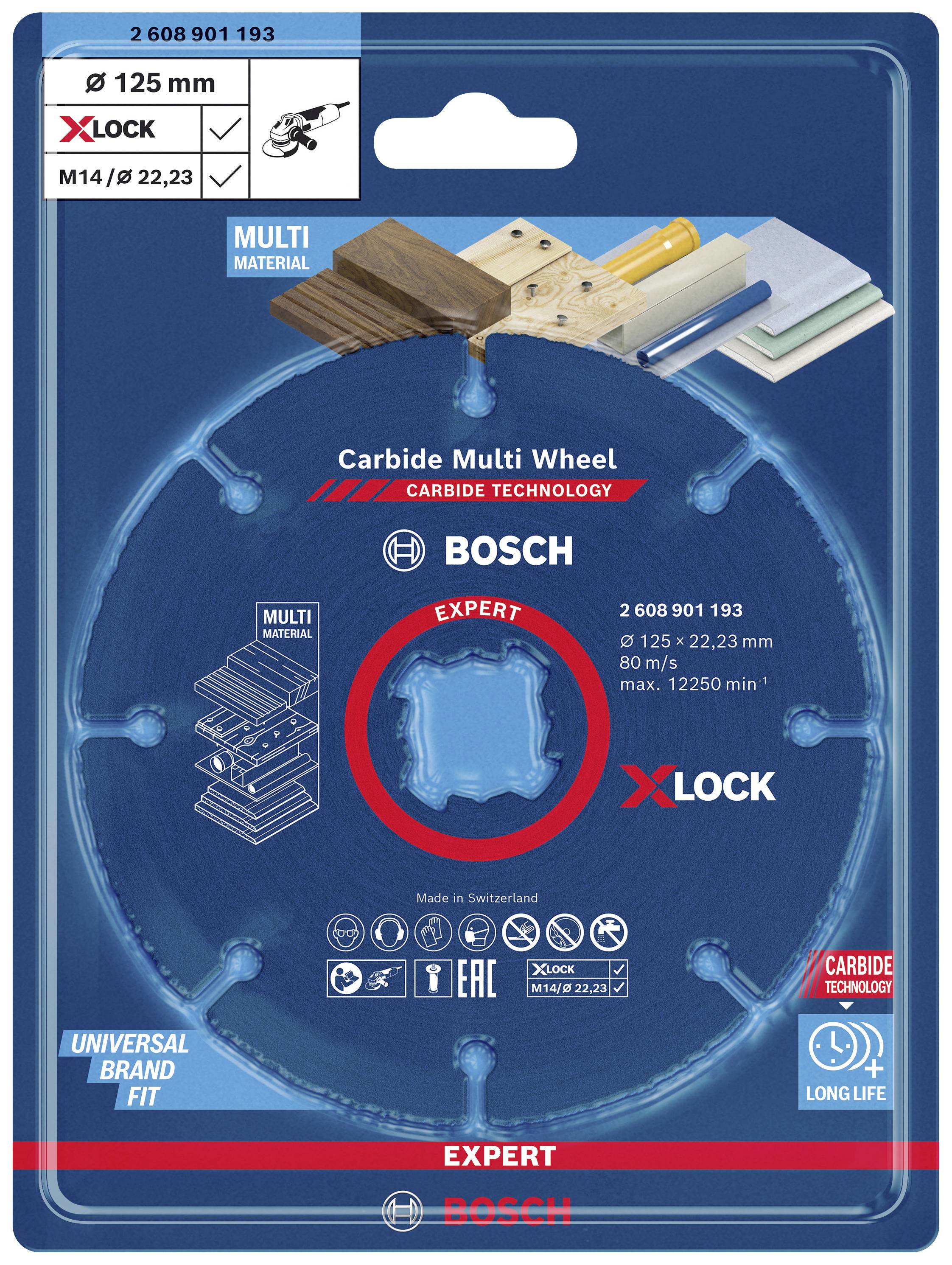 Verpackung einer Bosch-Multimaterial-Trennscheibe, 125 mm, mit X-LOCK-System. Geeignet für Holz, Kunststoff, und Metall.