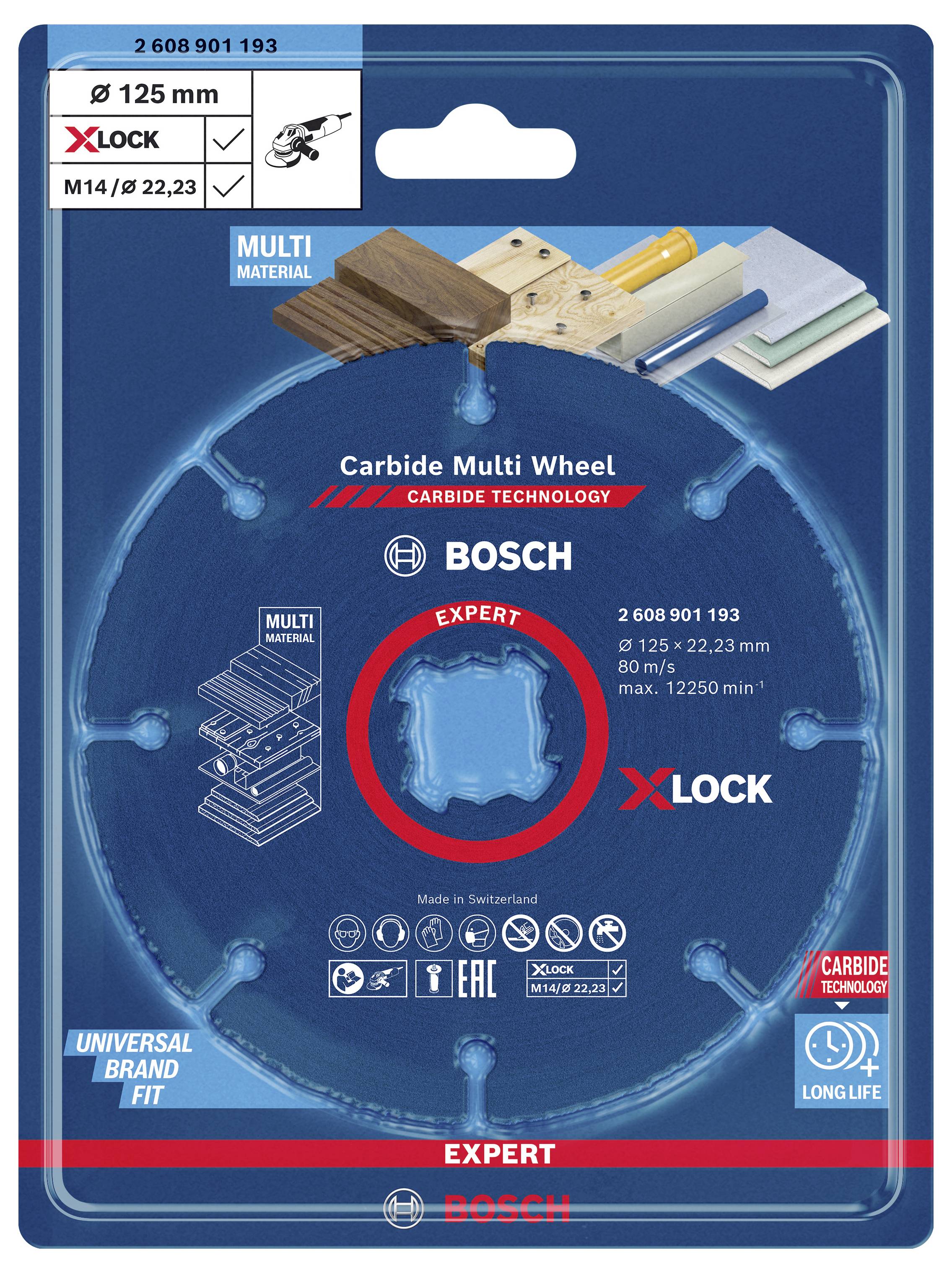 Kreissägeblatt für Mehrzweckmaterialien von Bosch, X-Lock-System, 125 mm, geeignet für Holz und Metall. Verpackt in blauer Hülle.