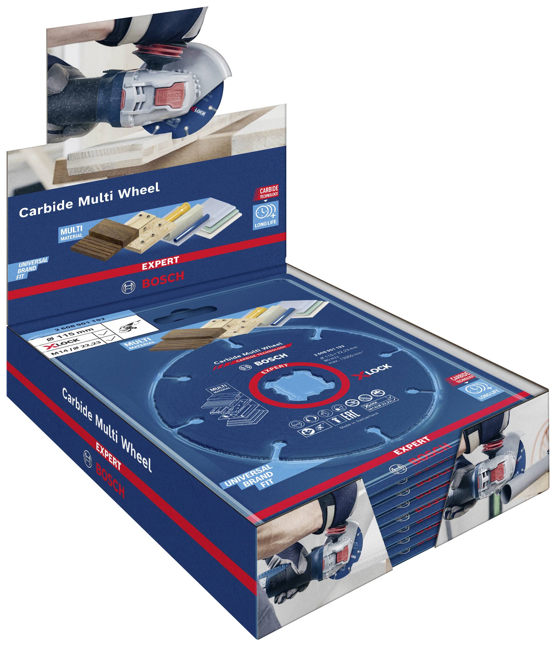 Verkaufsdisplay mit Bosch 'Expert Carbide Multi Wheel' Zubehör und Abbildungen von Winkelschleifer-Anwendungen.