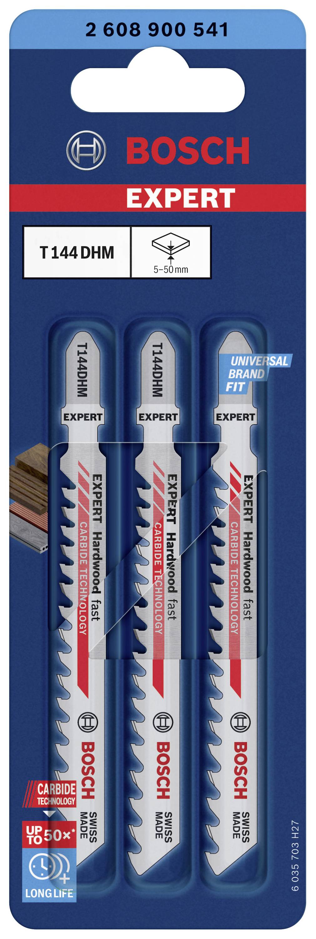 Drei Bosch 'EXPERT' Stichsägeblätter im Blisterpack; geeignet für Hartholz mit 'Long Life'- und 'Universal Fit'-Merkmalen.