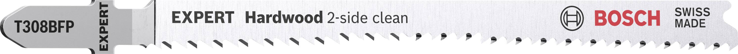 Stichsägeblatt von Bosch, geeignet für Hartholz, bezeichnet als 'EXPERT Hardwood', mit spezieller Zahnung für saubere Schnitte.