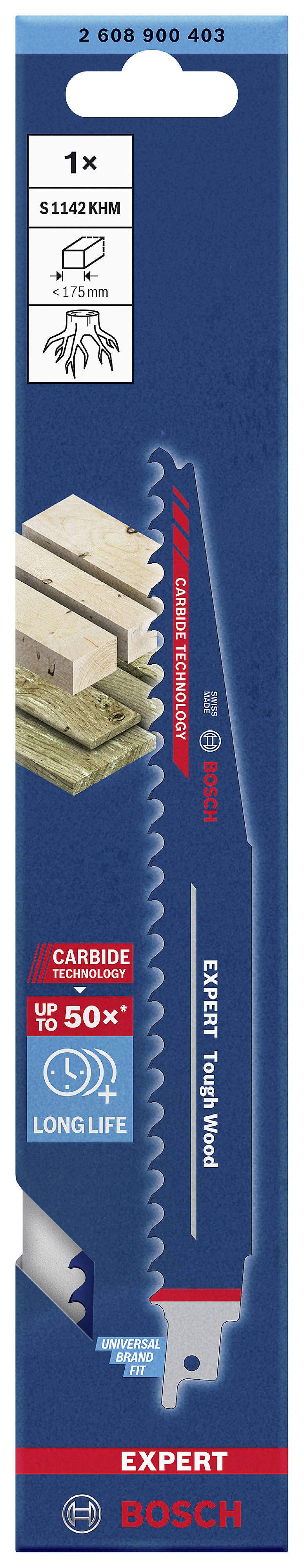 Verpackung einer Bosch Expert Sägeblatt mit Carbide-Technologie, geeignet für Holzarbeiten; verspricht 50-fache Lebensdauer.