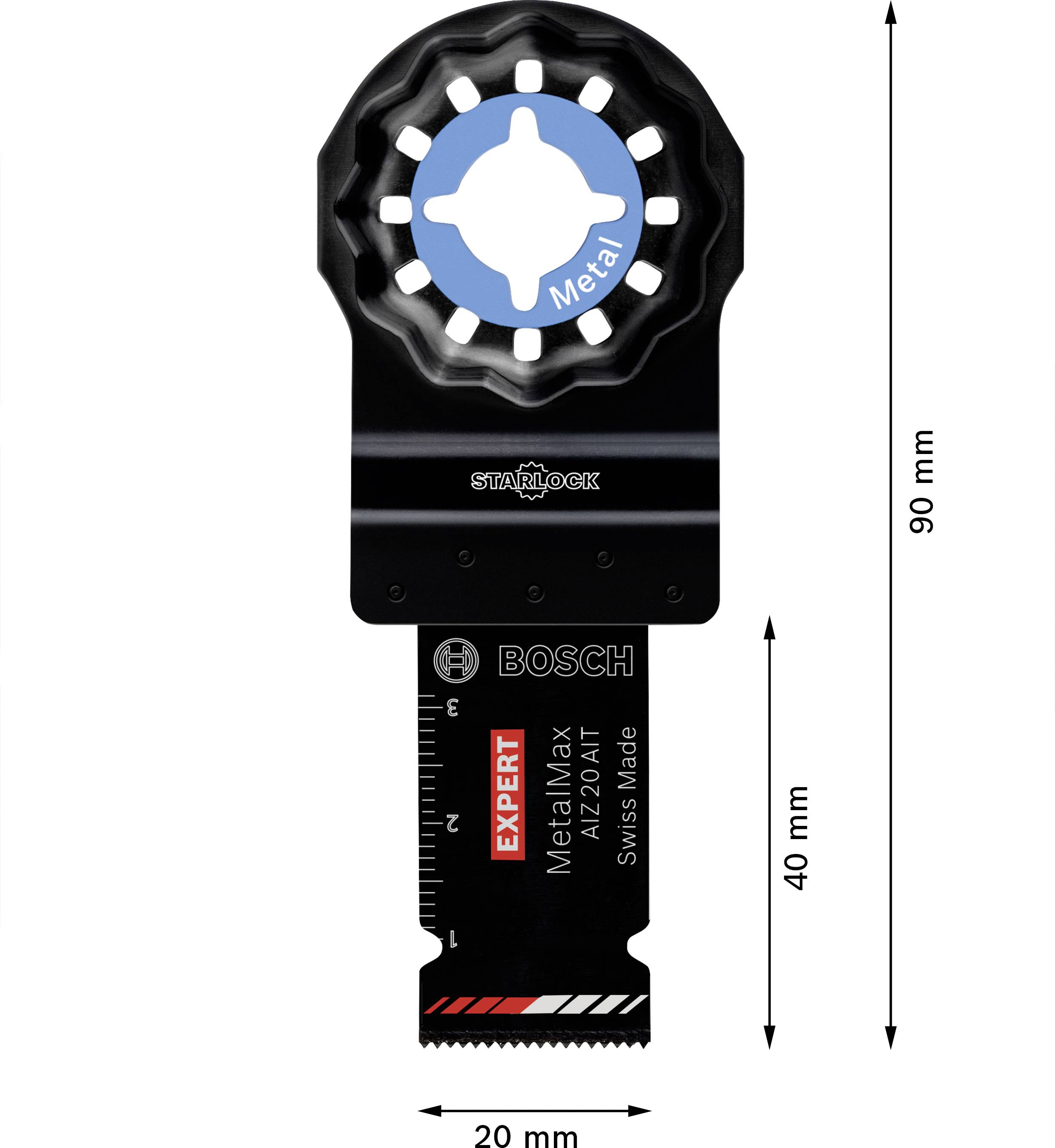 Schwarz glänzendes Sägeblatt von Bosch für Metallarbeiten, 90 mm lang, 20 mm breit, mit blauer, gezahnter Halterung und Markierungen.