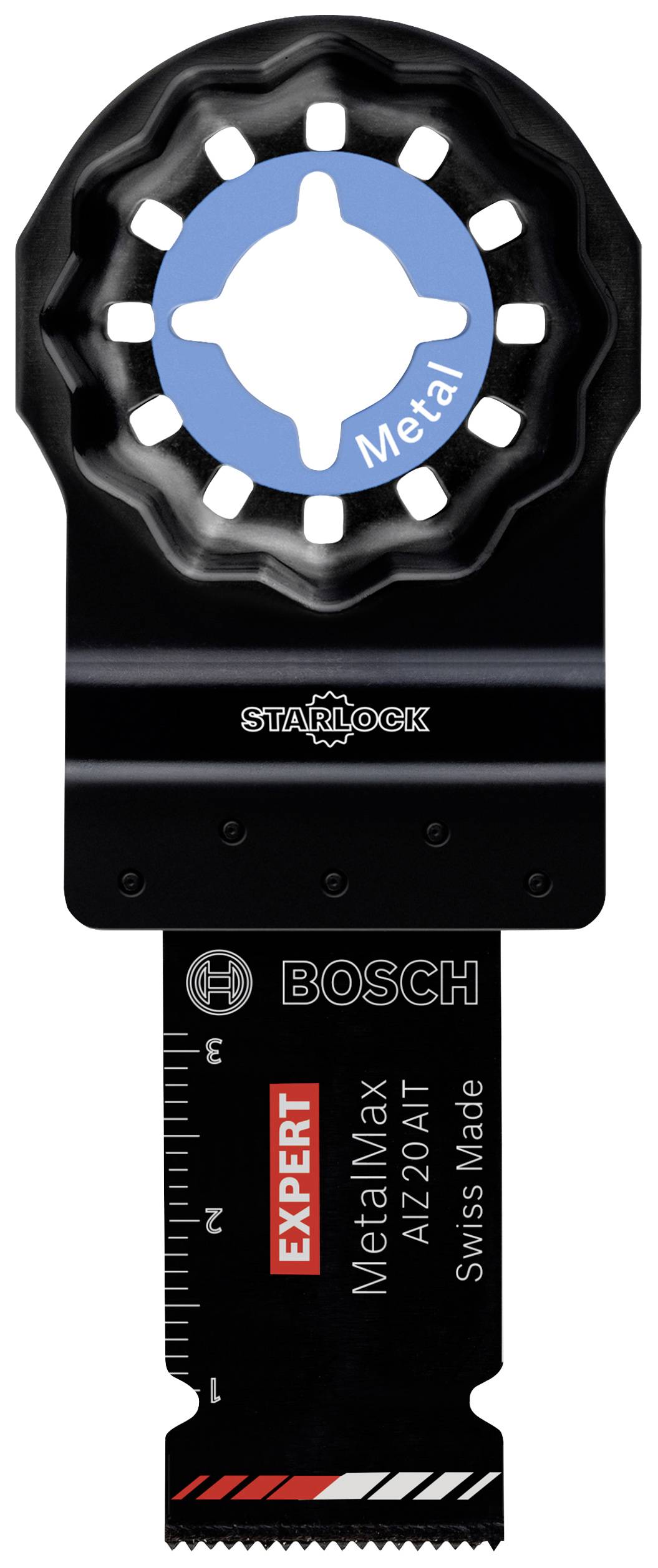 Multifunktions-Sägeblatt mit 'Starlock'-Schnittstelle, geeignet für Metallschnitte. Markenlogo 'Bosch', Modell 'Expert Metal Max AIZ20AIT'.