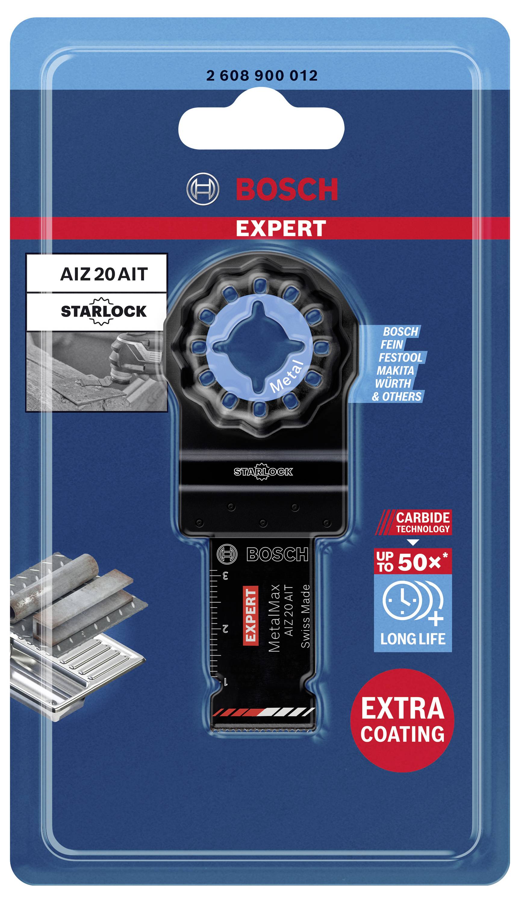 Verpackung eines Bosch Expert Starlock AIZ 20 AIT Sägeblatts. Hergestellt für Metallbearbeitung. Hervorgehoben: lange Lebensdauer.