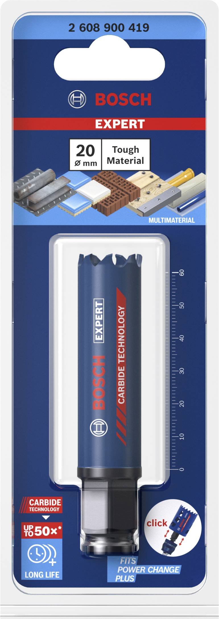'Bosch Expert MultiMaterial' Lochsäge, 20 mm, geeignet für harte Materialien. Verpackung zeigt Produkt und Anwendungsbeispiele.
