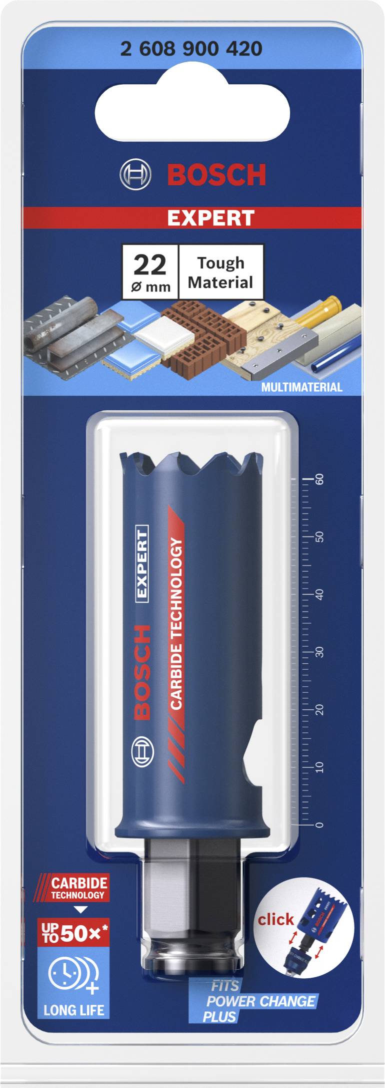 Verpackung eines Bosch Expert Lochsägeaufsatzes, 22 mm, geeignet für harte Materialien. Enthält Details zur Produktfunktion.