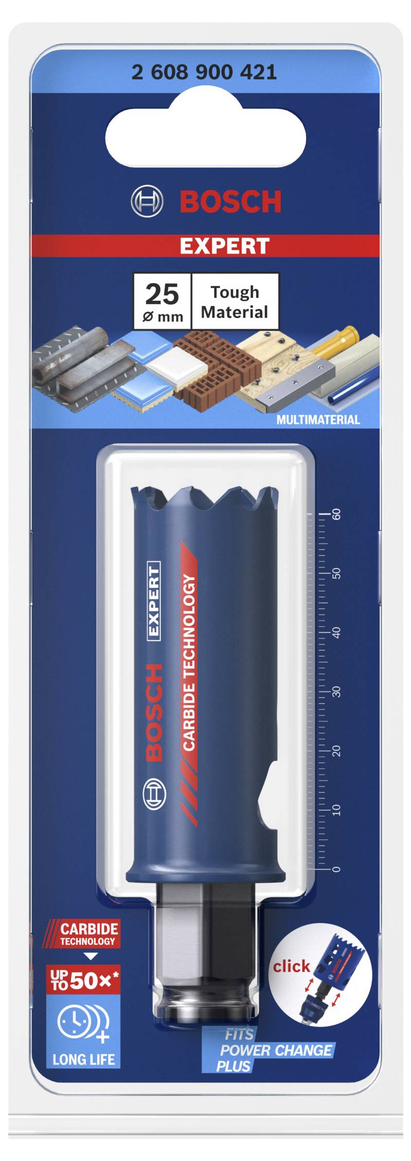 'BOSCH Expert' Lochsäge für harte Materialien, 25mm Durchmesser, zeigt multimediale Anwendungen und haltbares Design rechts im Bild.