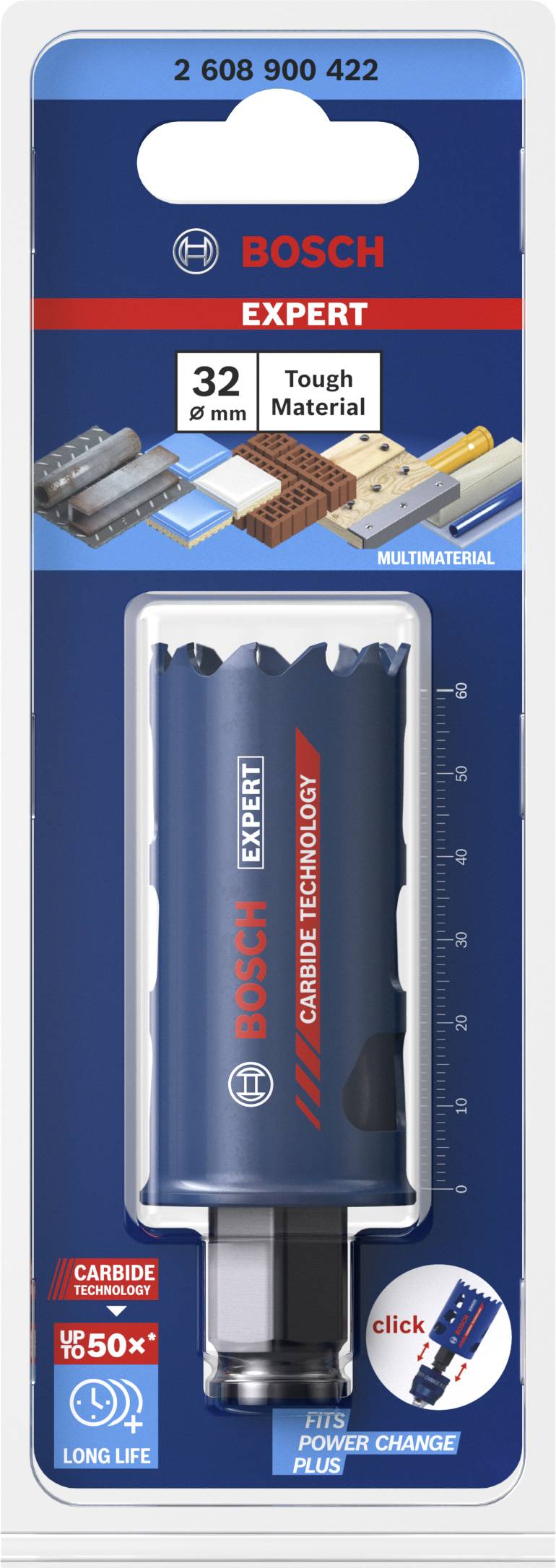 Bohrer mit 32 mm Durchmesser für harte Materialien, Marke Bosch, mit Power Change Plus-System, geeignet für Multimaterialien.
