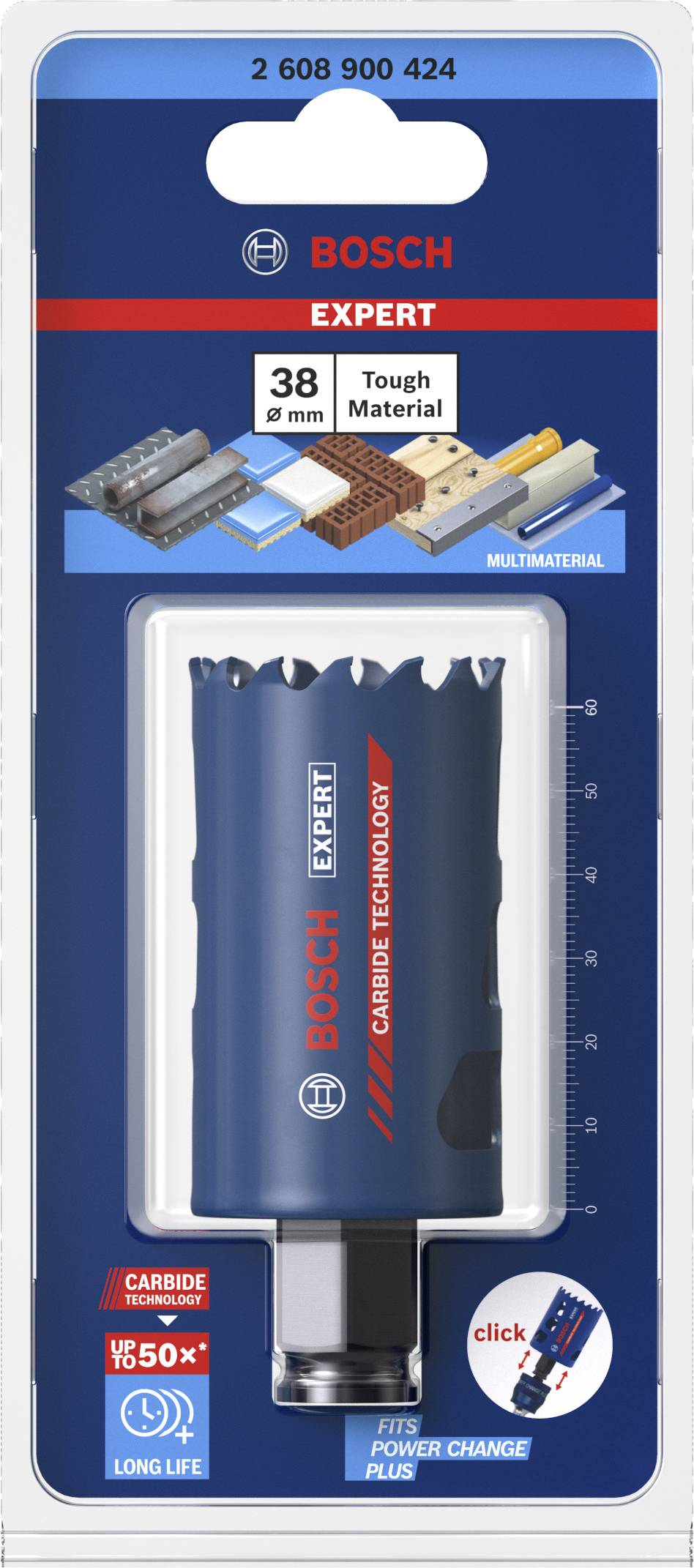 'Bosch Expert' Lochsäge für 38 mm, geeignet für harte Materialien. Verpackung zeigt Produktabbildung und das Logo des Herstellers.