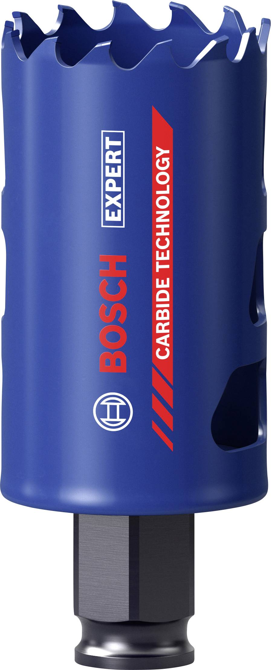 Blauer Bosch Lochsägeaufsatz mit rotem Schriftzug 'Expert', 'Carbide Technology'. Designed für präzises Bohren in Metall und Holz.