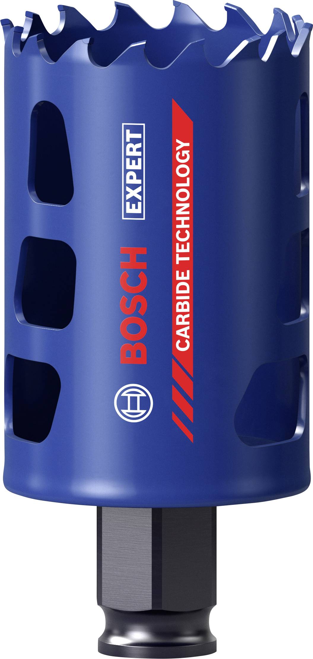 Metall-Lochsäge mit blauer Beschichtung, Aufschrift 'BOSCH Expert Carbide Technology'. Verwendet zum Bohren präziser Löcher.