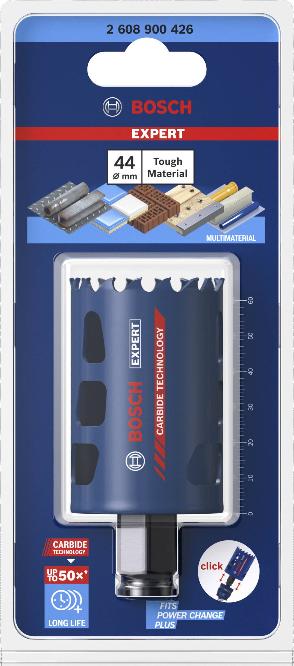 Verpackung einer Bosch Expert Lochsäge für 44 mm Bohrtiefe, geeignet für harte Materialien wie Metall und Holz.