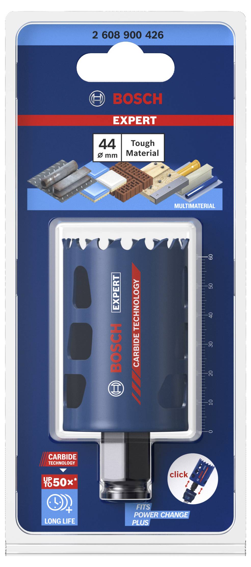 Bosch Expert Lochsäge-Verpackung, zeigt: 44 mm Bohrdurchmesser, geeignet für harte Materialien, lange Lebensdauer, Multi-Material.