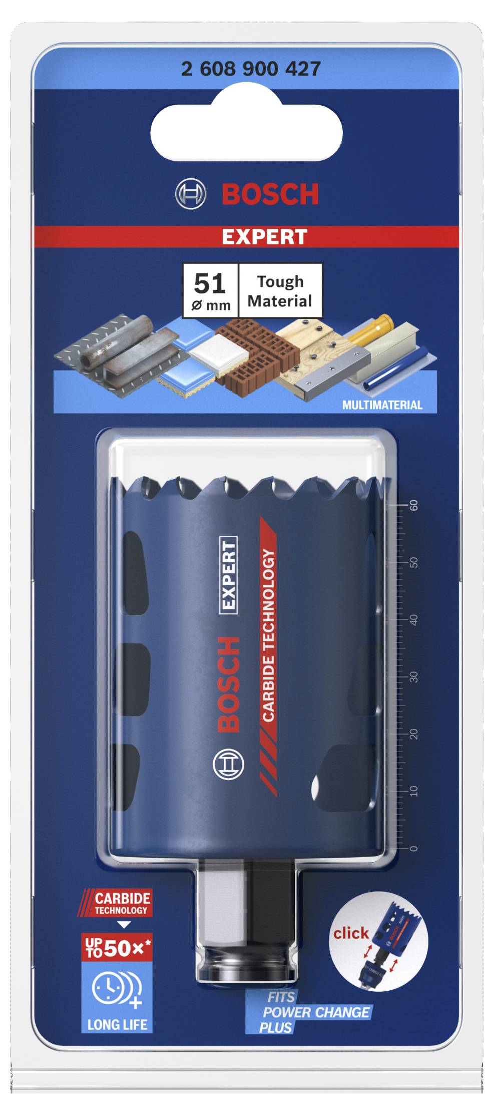 Bosch Expert Multimaterial-Lochsäge, 51 mm, für harte Materialien. Verpackung zeigt Produkt und Anwendungsbeispiele.