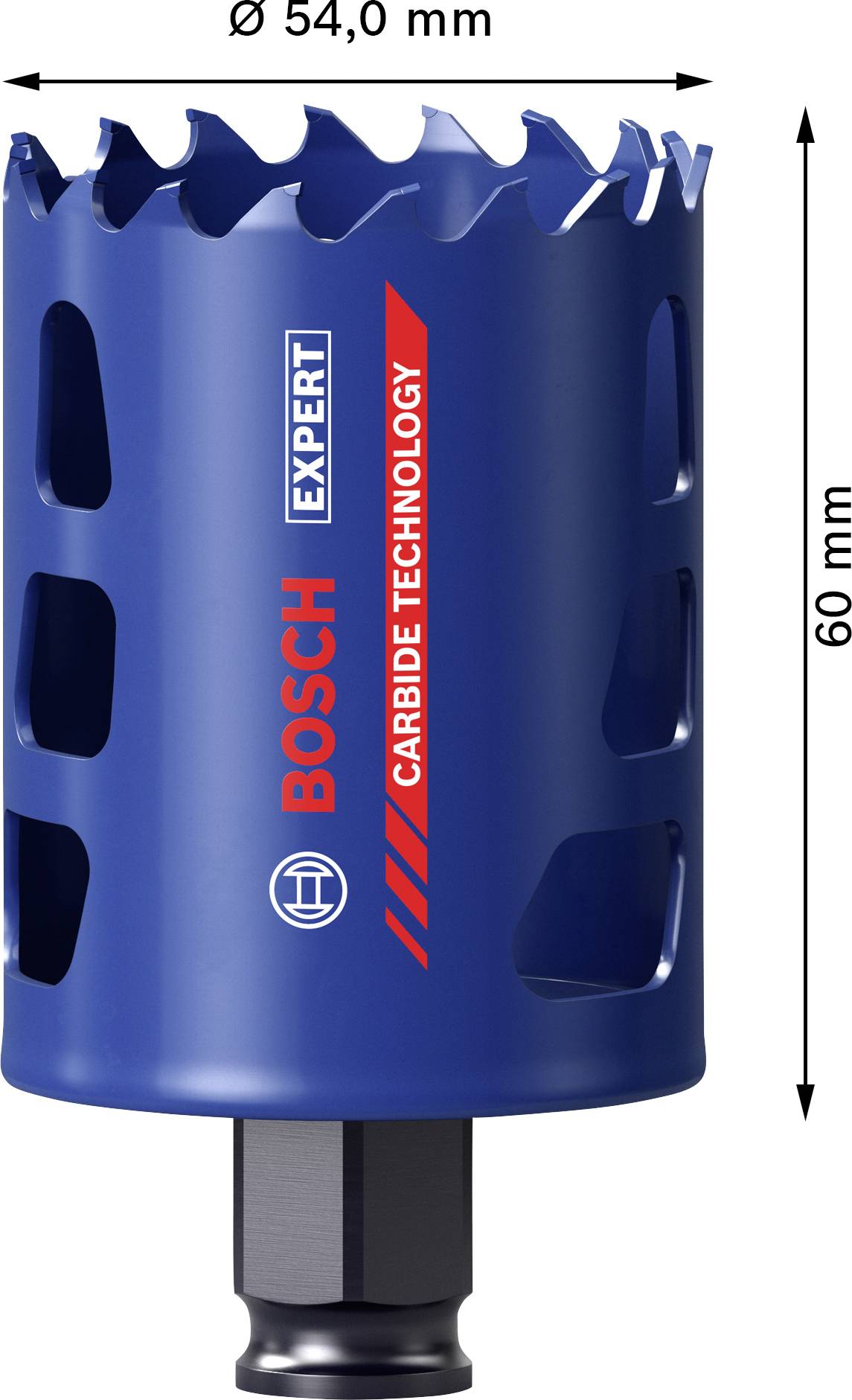 Blaue Lochsäge mit 'BOSCH EXPERT' Aufschrift, Durchmesser 54,0 mm, Höhe 60 mm, geeignet für Carbide-Technologie.