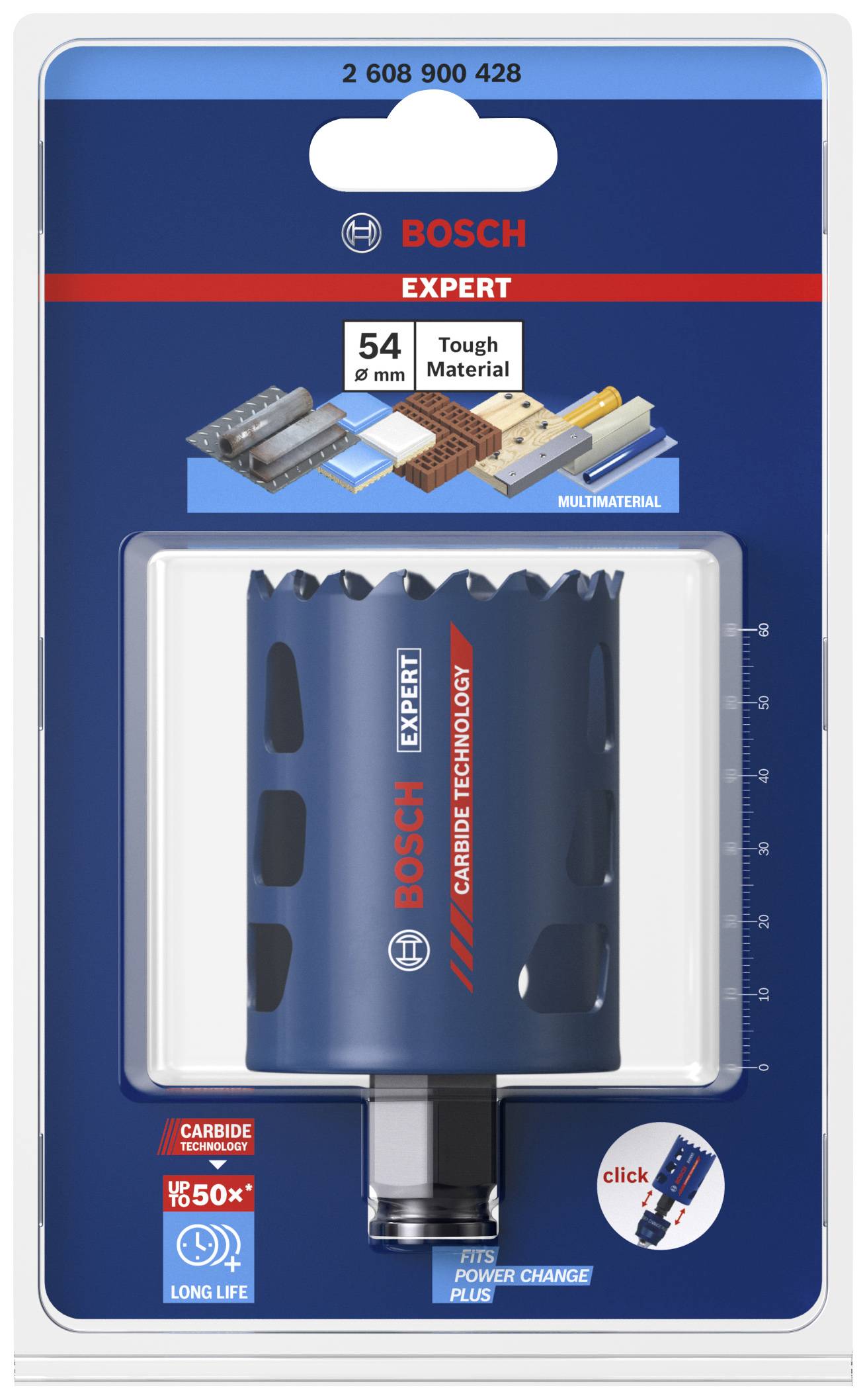 Verpackung einer Bosch Expert Lochsäge, 54 mm, für harte Materialien. Enthält Informationen zu Langlebigkeit und Kompatibilität.