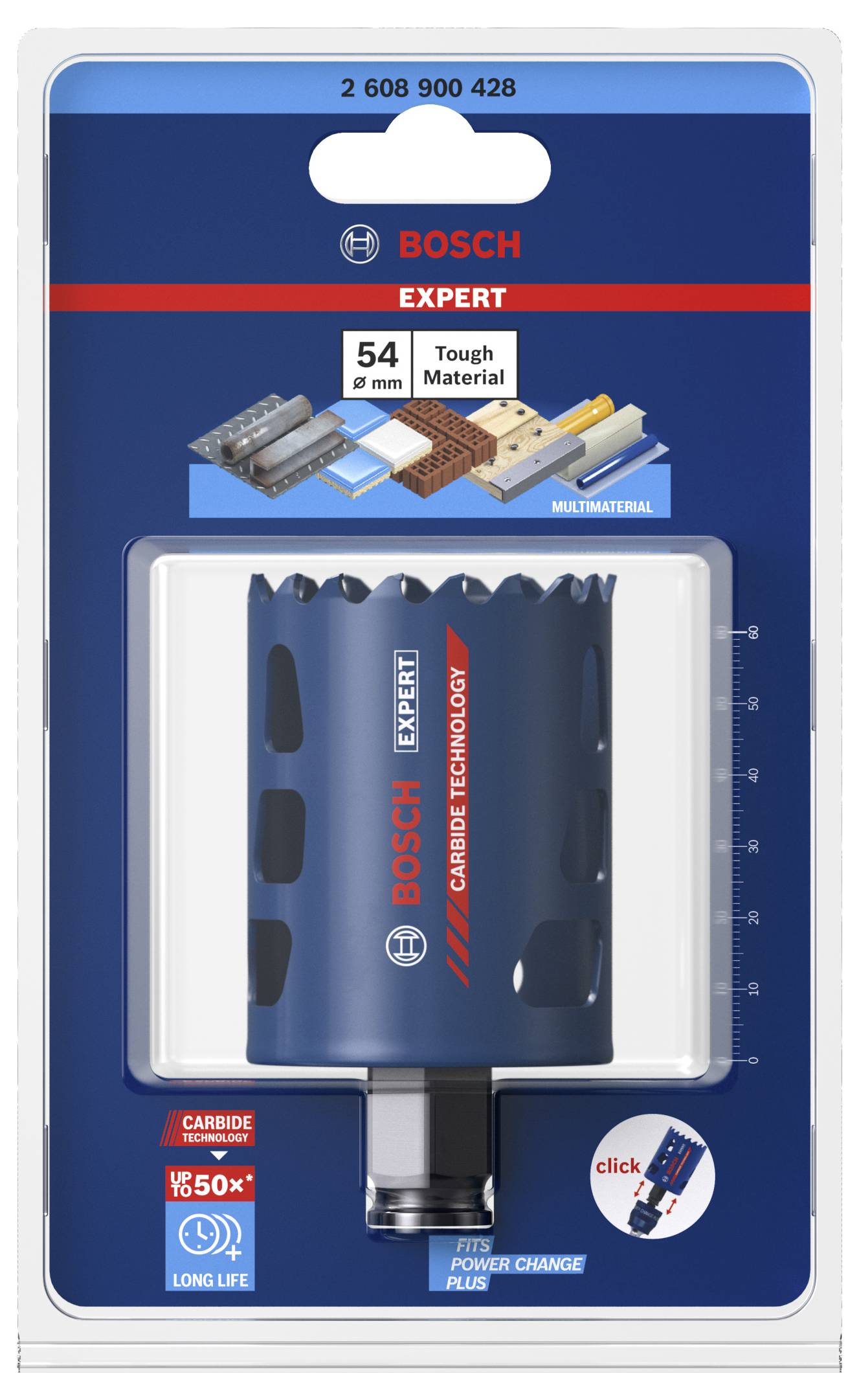 Verpackung einer Bosch Expert Lochsäge, geeignet für Materialien mit einer Dicke von 54 mm. Enthaltene Merkmale: Multimaterial, lange Lebensdauer.