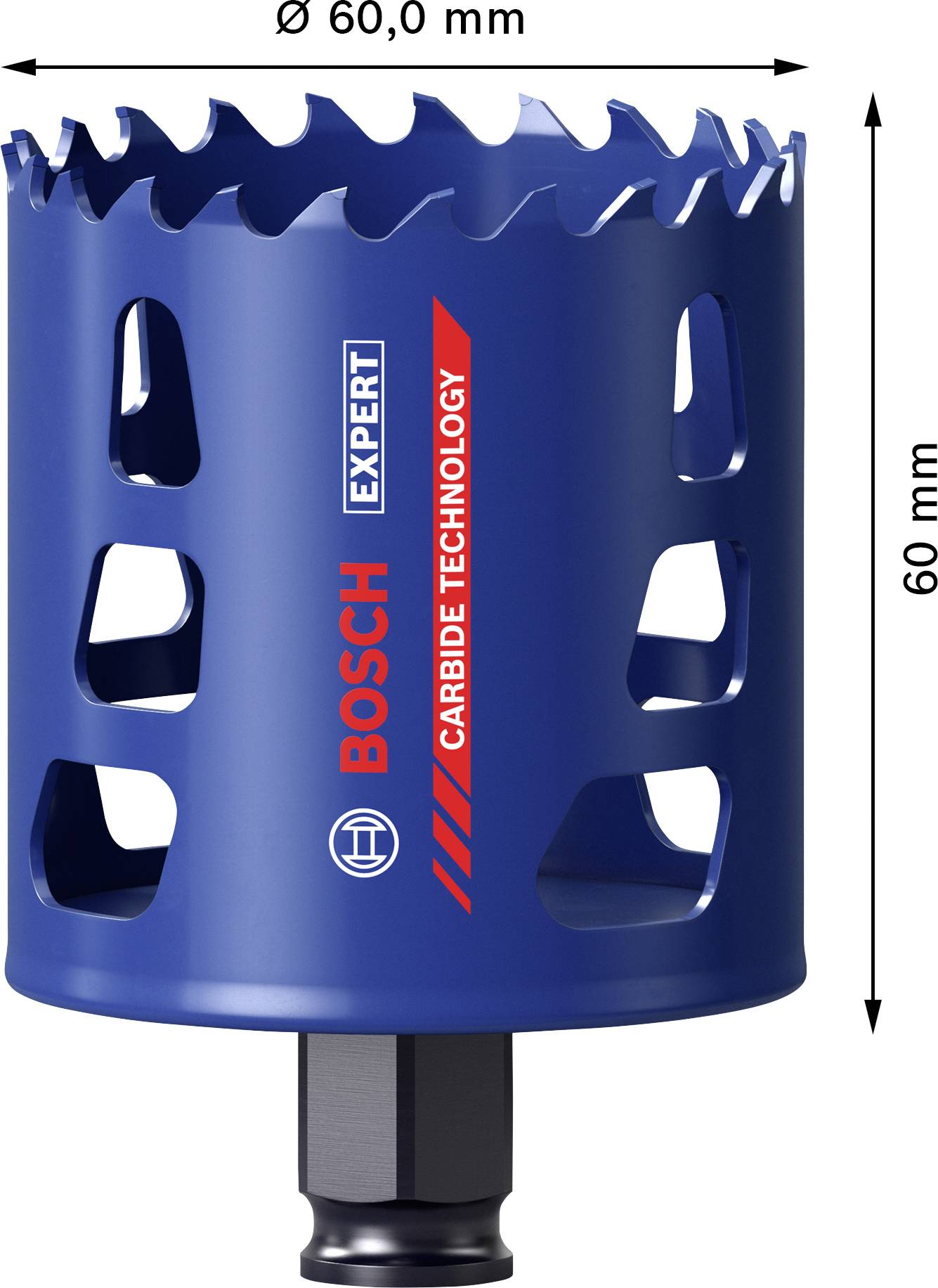 'Bosch Expert' Lochsäge, 60 mm Durchmesser, 60 mm Höhe, blaue Farbe, mit Beschriftung 'Carbide Technology'.