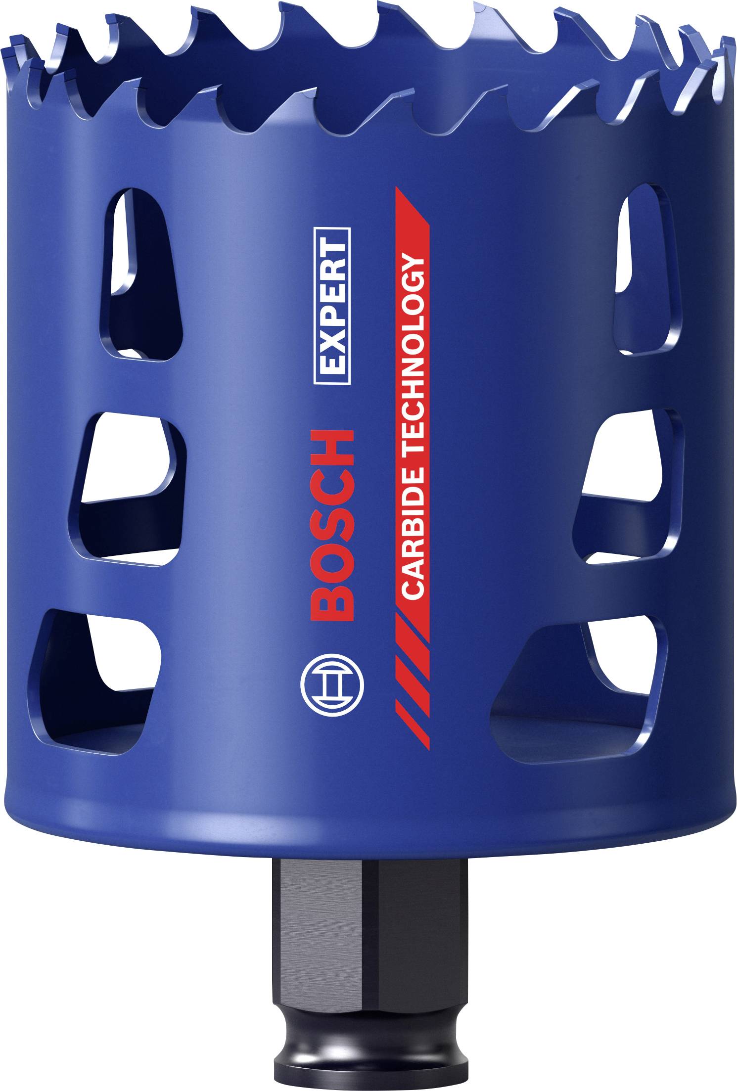 Blaue Lochsäge von Bosch mit Aufschrift 'Carbide Technology', geeignet für präzises Bohren in harten Materialien.