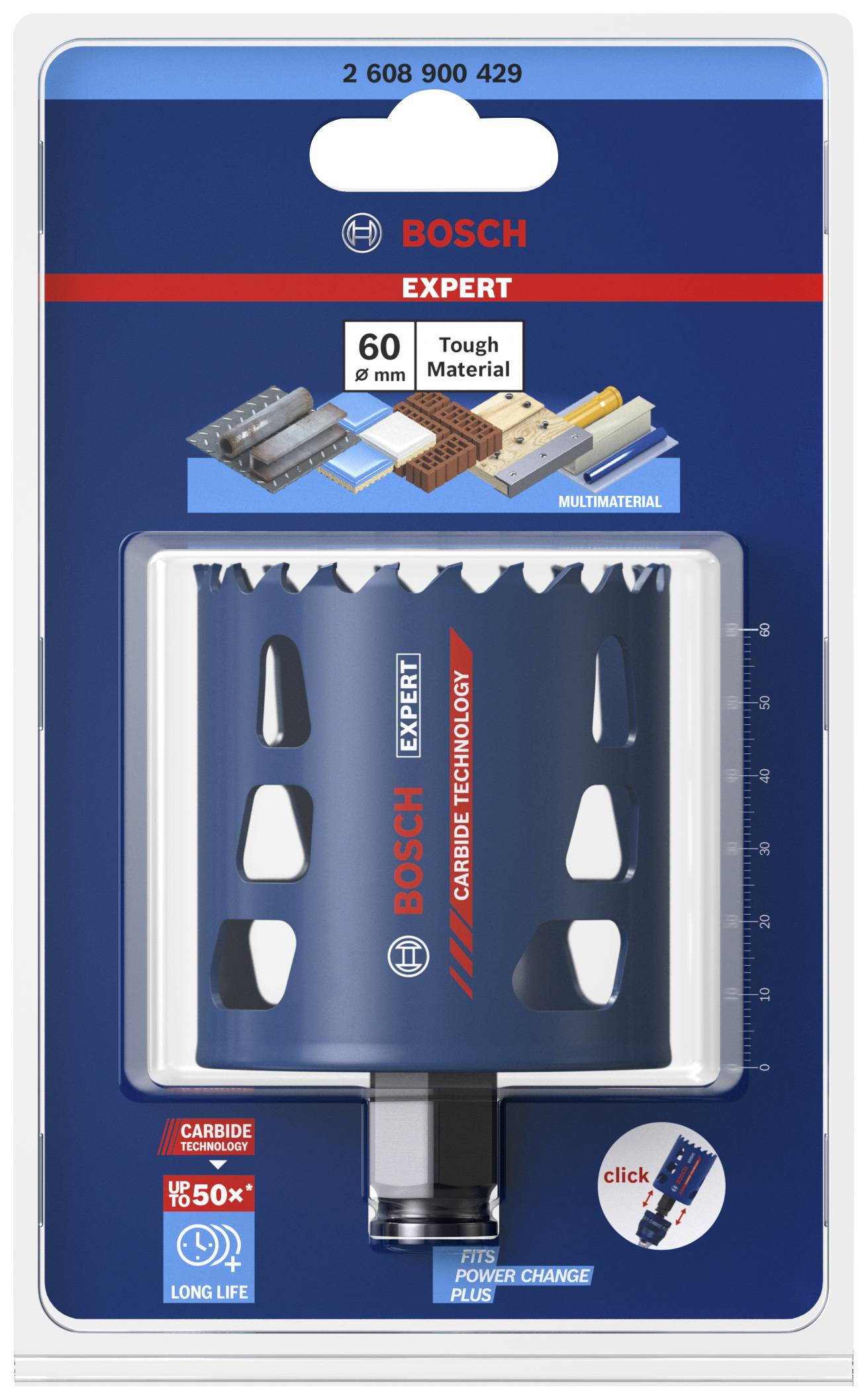 Bohrkrone 'Bosch Expert', 60 mm, geeignet für harte Materialien, in Blisterverpackung. Enthält technische Details auf der Verpackung.