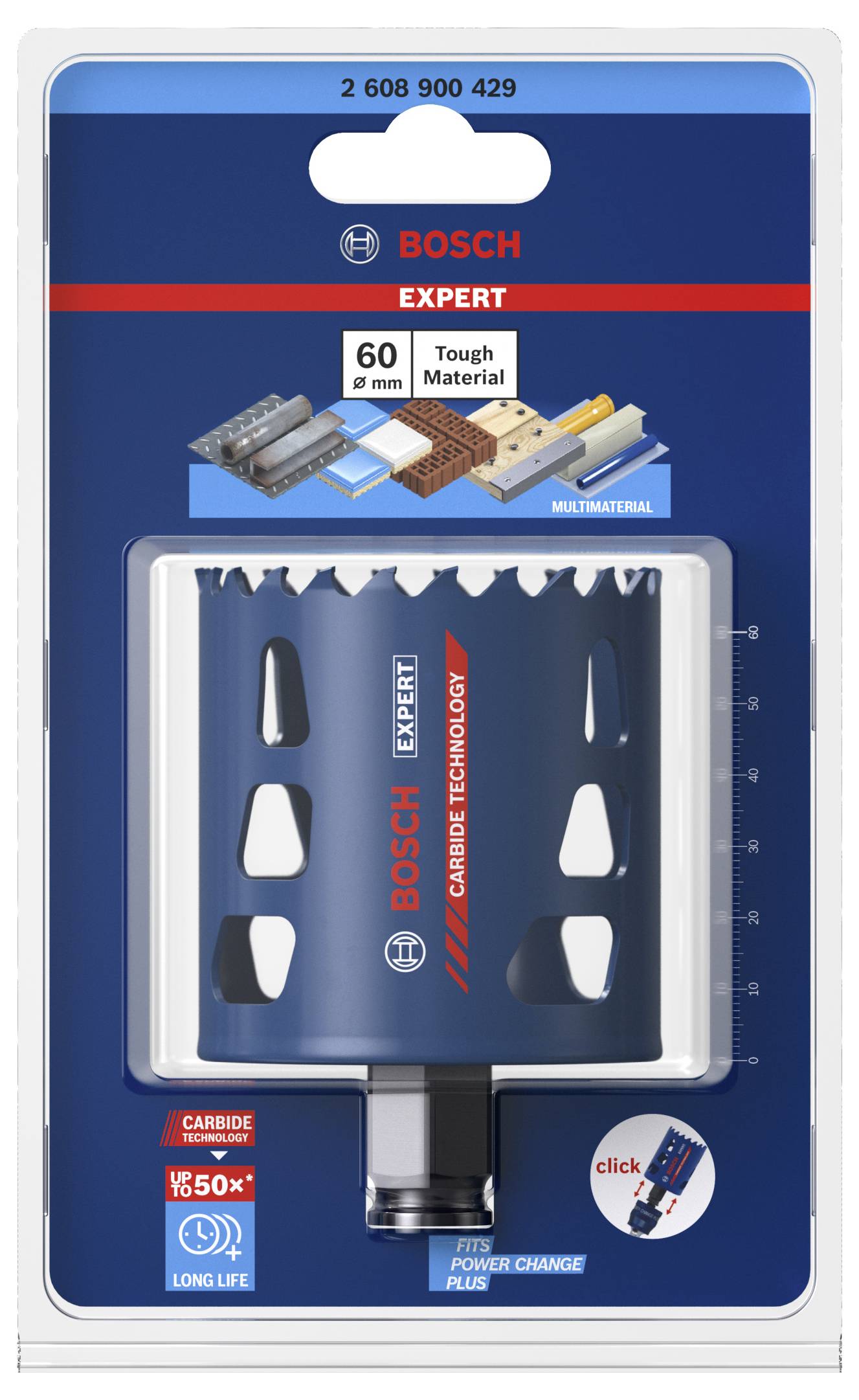 Verpacktes Bosch Expert Lochsägeblatt, geeignet für harte Materialien, Durchmesser 60 mm, langlebig, mit Power Change Plus Adapter.