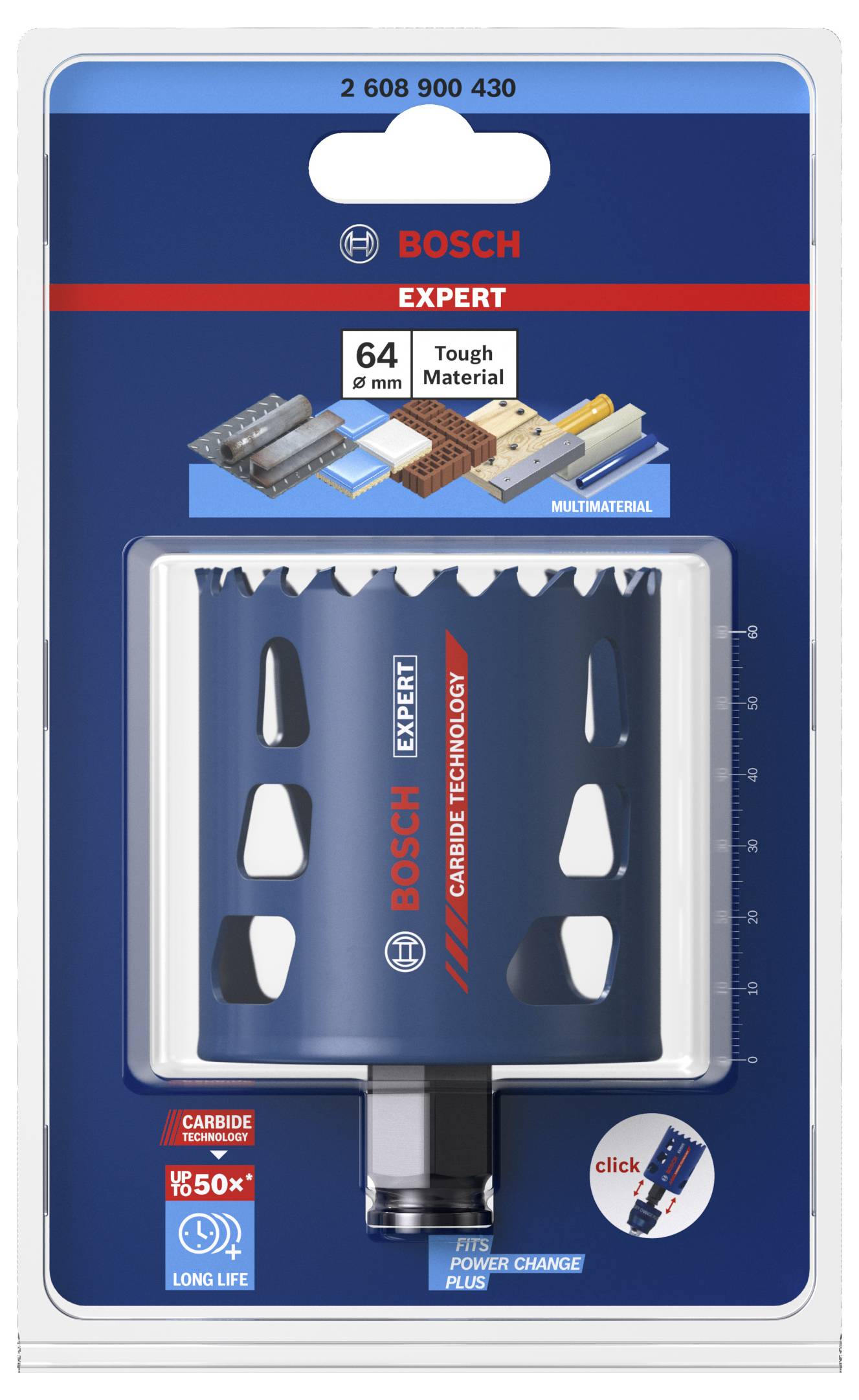 Verpackung einer Bosch Expert Lochsäge, 64 mm Durchmesser, geeignet für harte Materialien, mit langlebiger Carbide Technology.