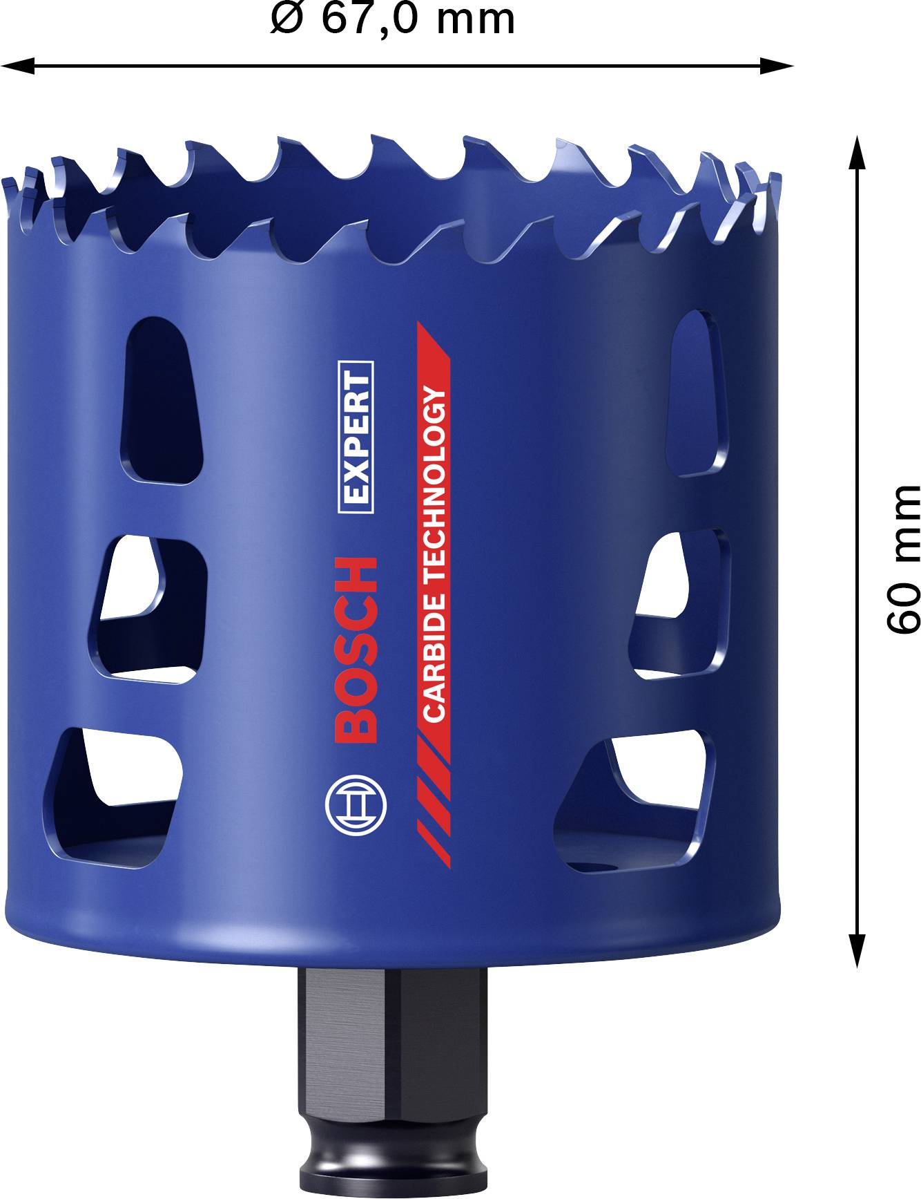 Lochsäge 'Bosch Expert' mit 67 mm Durchmesser und 60 mm Länge, ausgestattet mit Hartmetall-Technologie, für präzises Bohren.