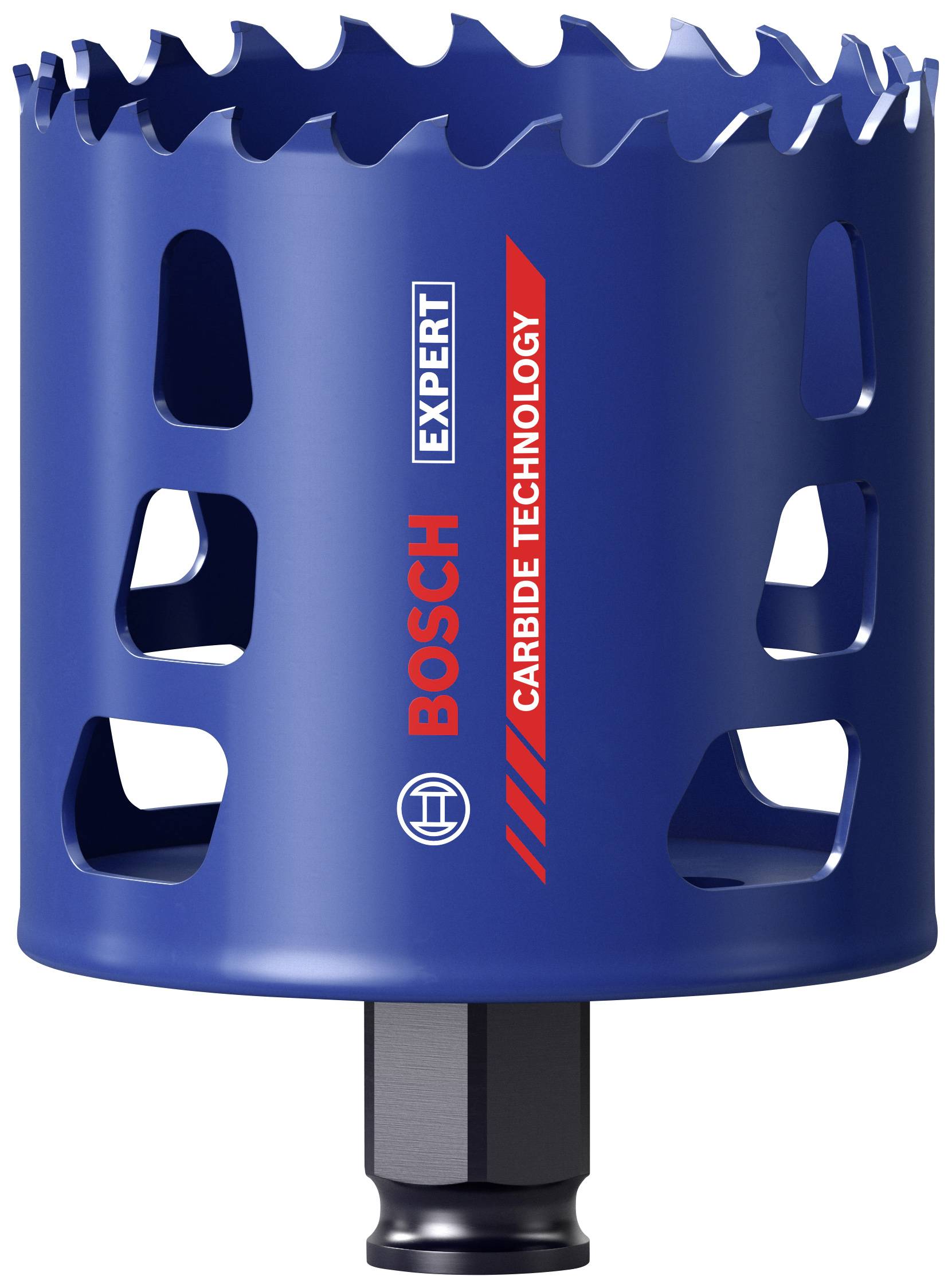 Bohrkrone aus Metall mit blauer Beschichtung und rotem 'BOSCH'-Logo, geeignet zum Bohren in harten Materialien durch Hartmetall-Technologie.