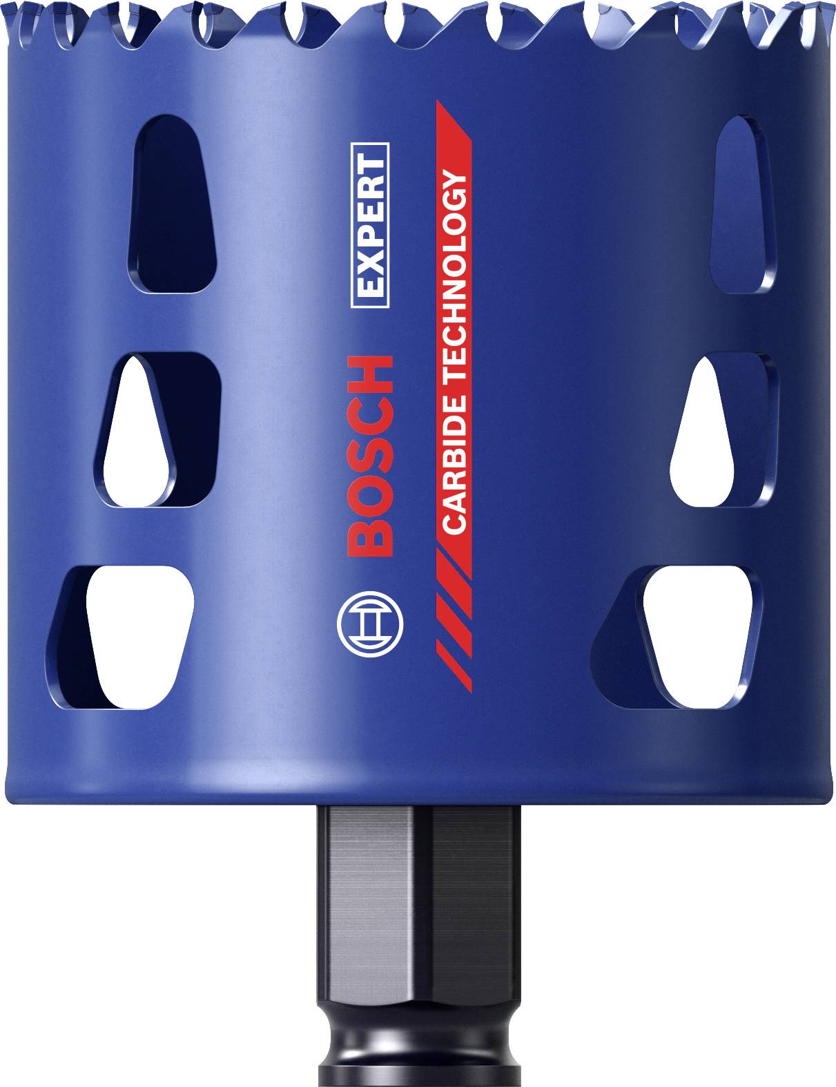 Metallsägekrone mit Aufschrift 'BOSCH Expert Carbide Technology', blau, für präzises Schneiden.