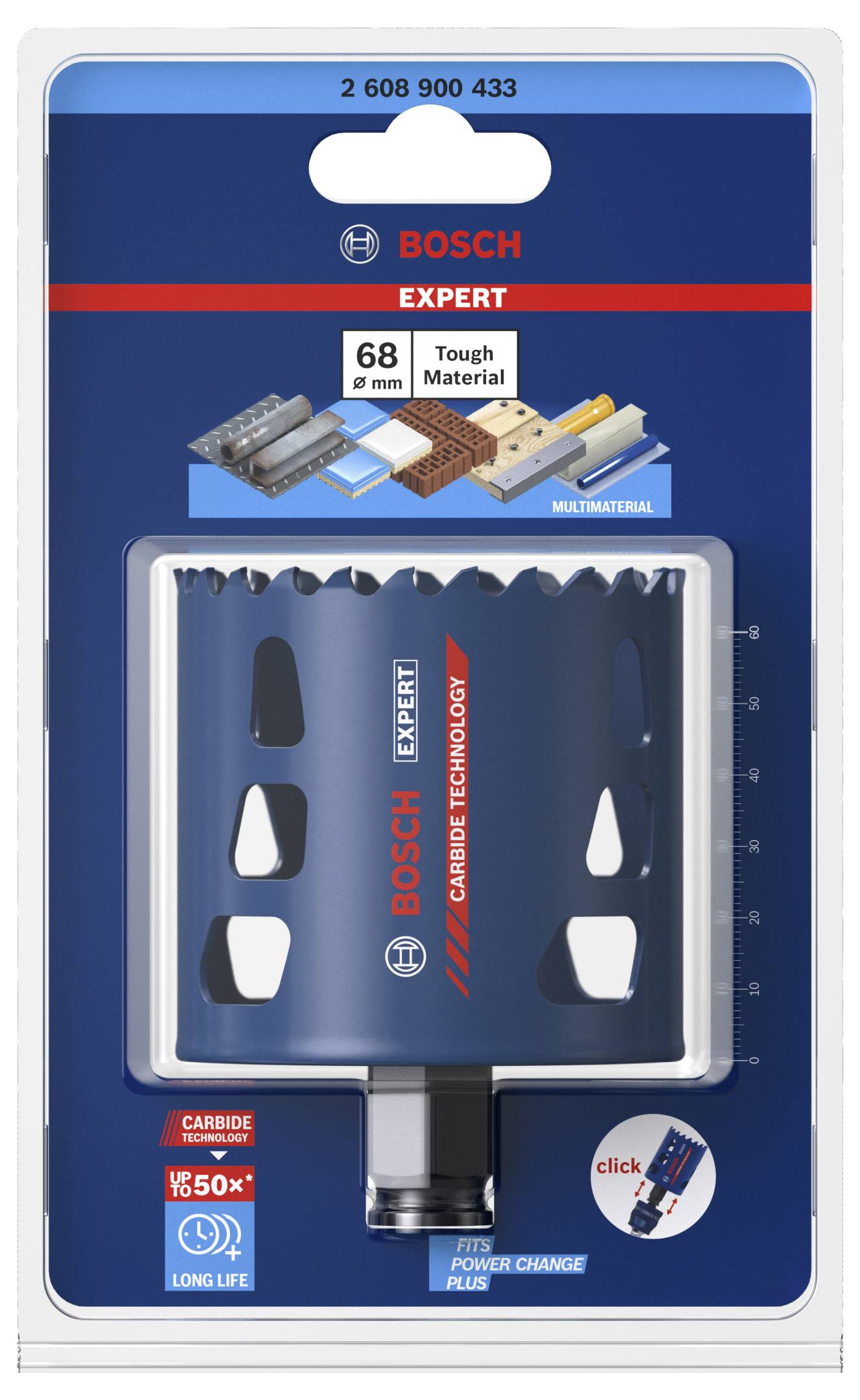 'Bosch Expert' Lochsäge für harte Materialien, Durchmesser 68 mm. Verpackung zeigt Produkt und Einsatzmöglichkeiten für Multimaterialien.