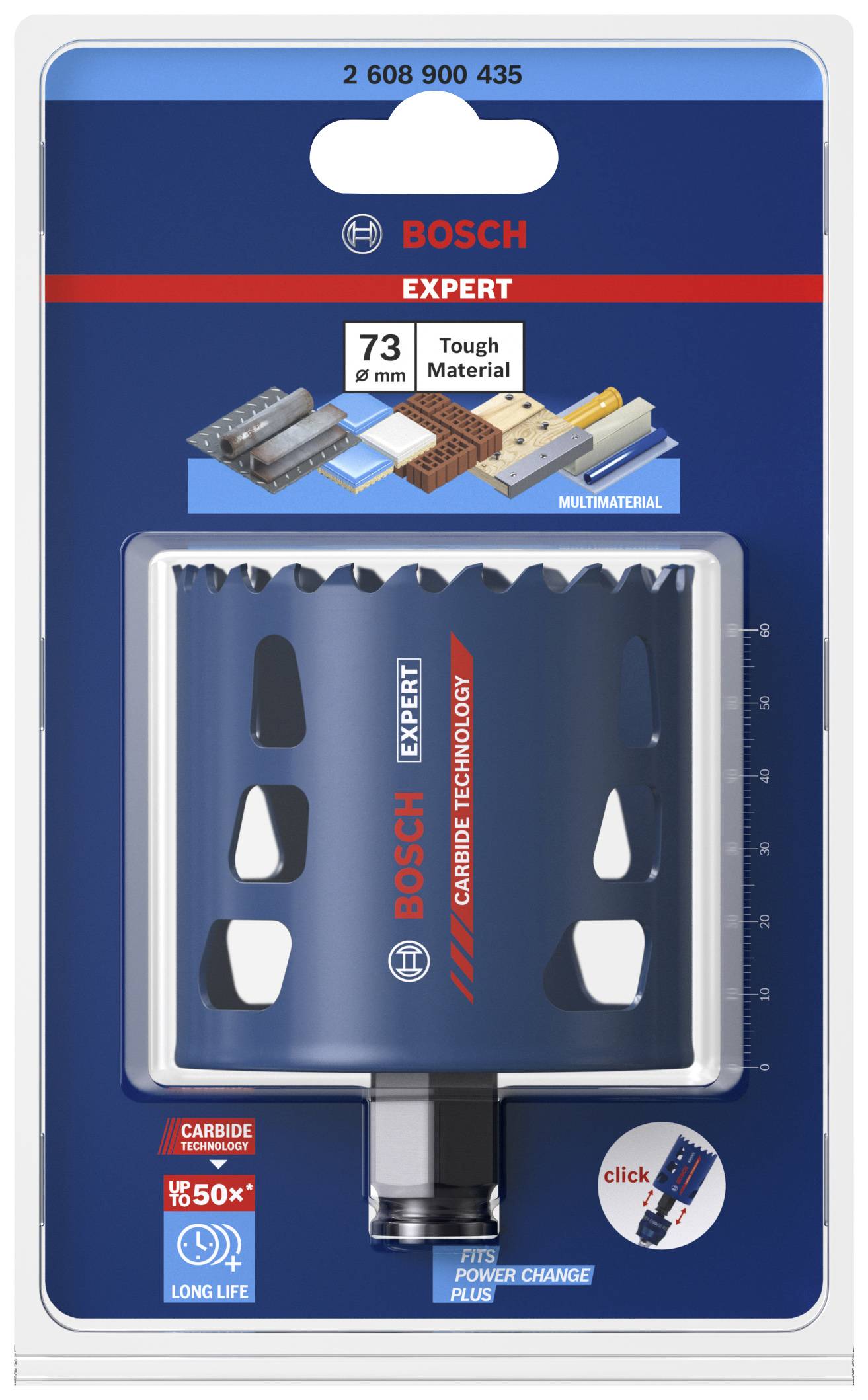'BOSCH Expert' Lochsäge für harte Materialien, 73 mm Durchmesser, verpackt. Bild von Produktverpackung mit Sägeaufsatz.