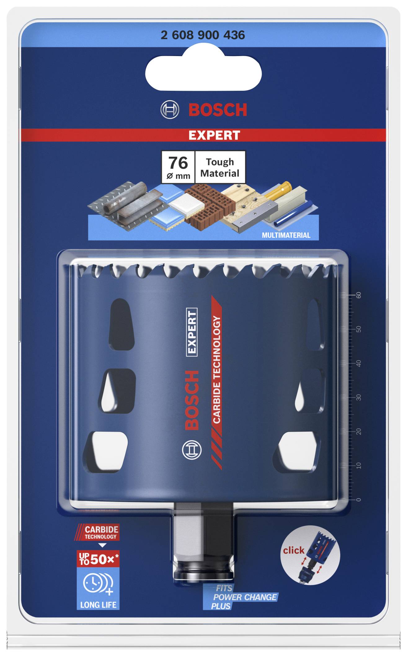 Verpackung mit Bosch Expert-Lochsäge, Durchmesser 76 mm, geeignet für harte Materialien; zeigt Bohrkopf und Adapter.