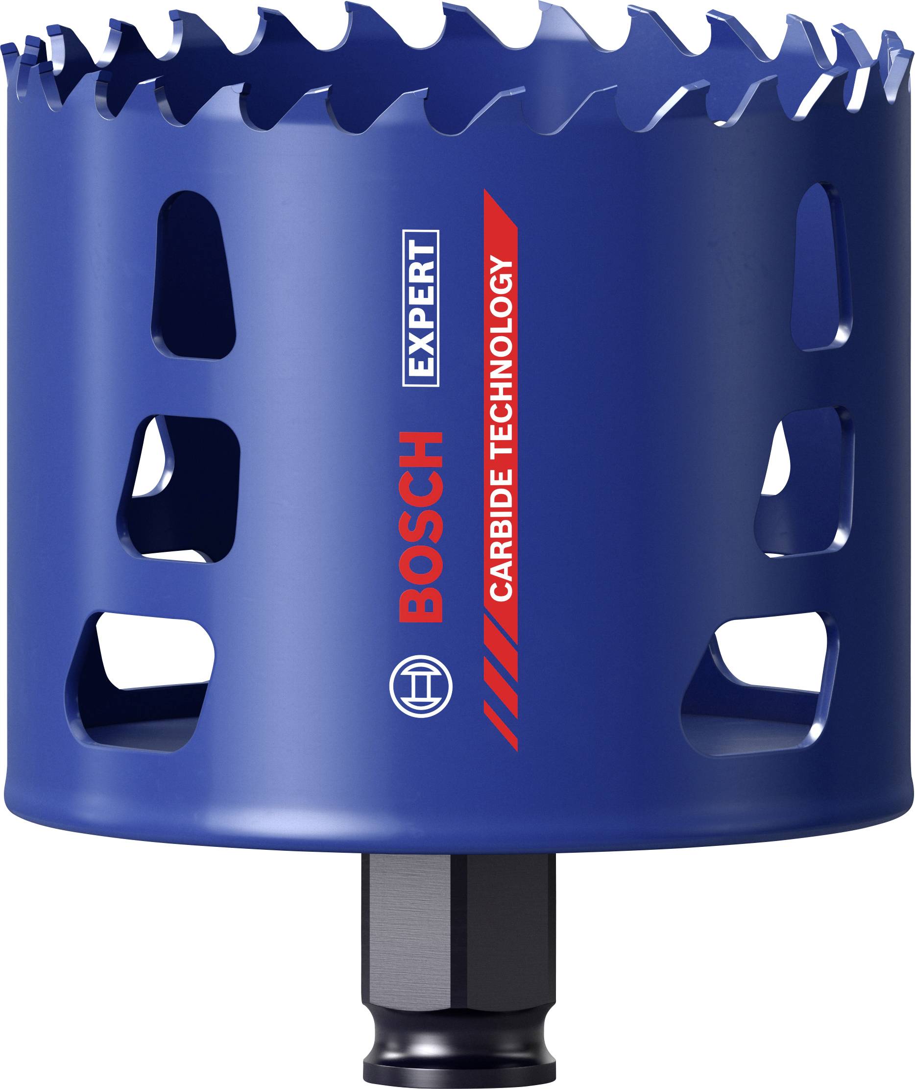 Blauer Lochsägenaufsatz von Bosch, mit rotem Schriftzug 'CARBIDE TECHNOLOGY'. Geeignet zum Bohren in Metall oder Holz.
