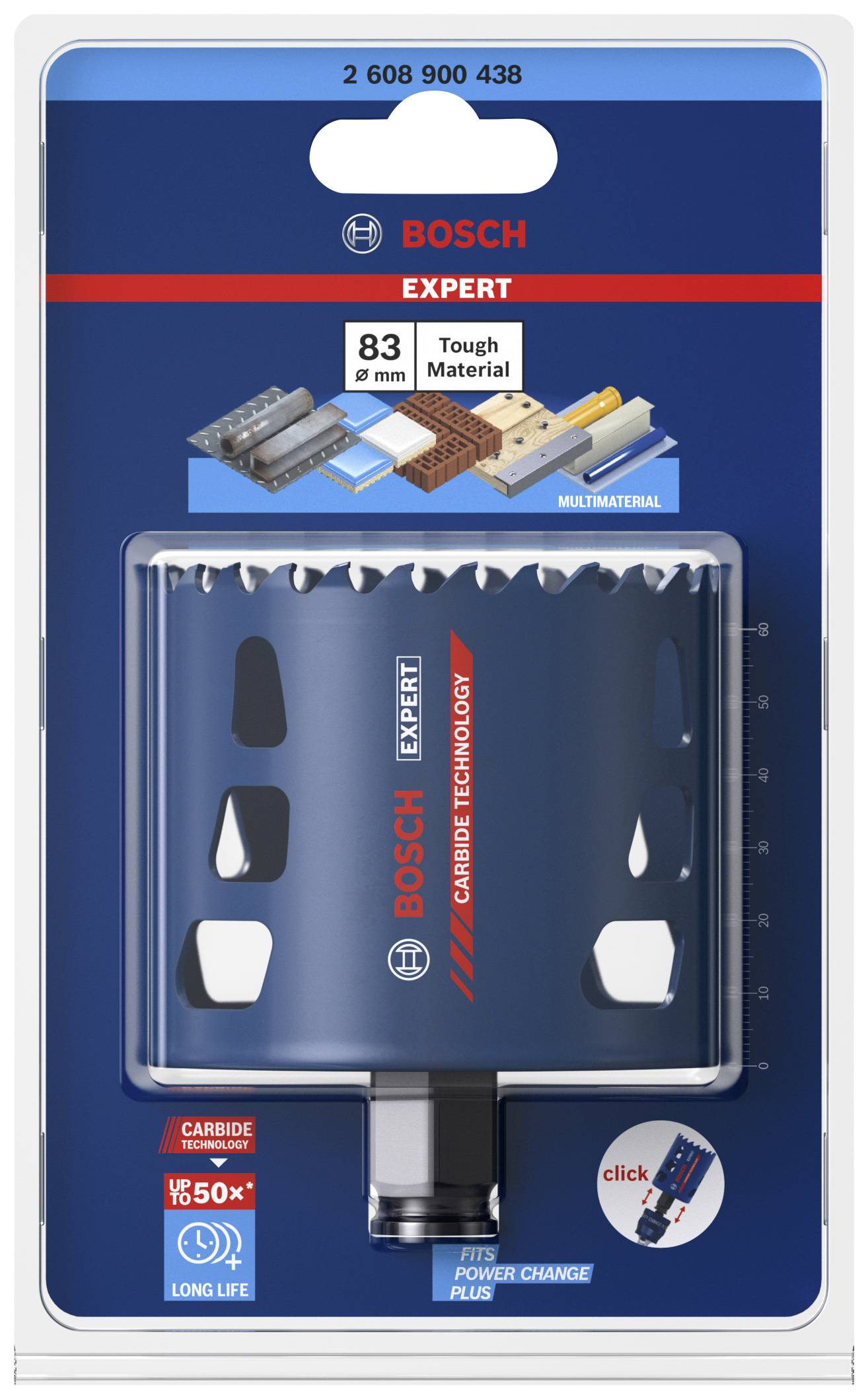 Verpackung einer Bosch Expert Lochsäge, 83 mm für harte Materialien, mit Abbildung der Säge und kompatibler Materialien oben.