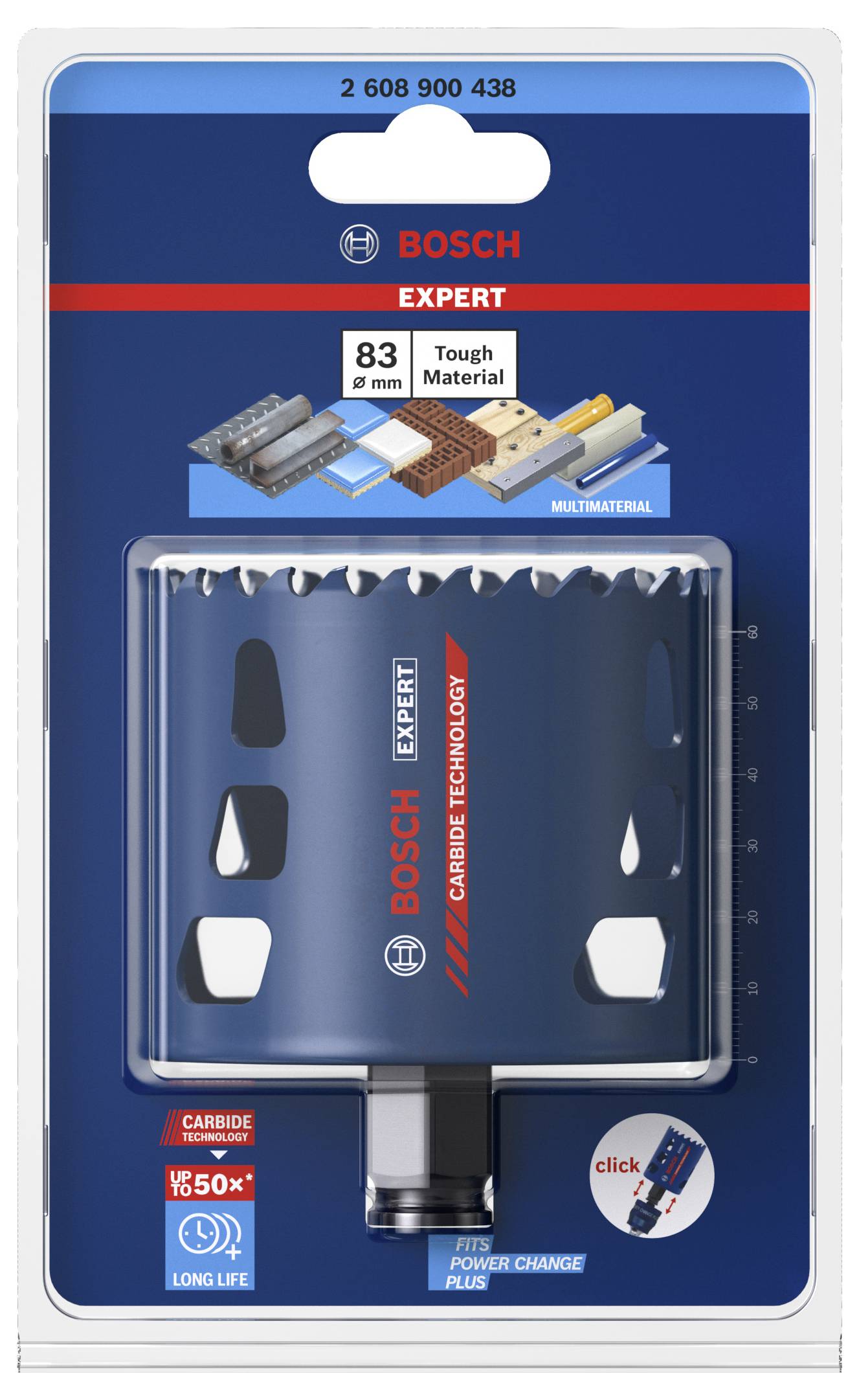 'Bosch Expert' Lochsäge, 83 mm, geeignet für harte Materialien. Verpackung mit Abbildung der Säge, Anwendungsbeispielen und 'Carbide Technology'.