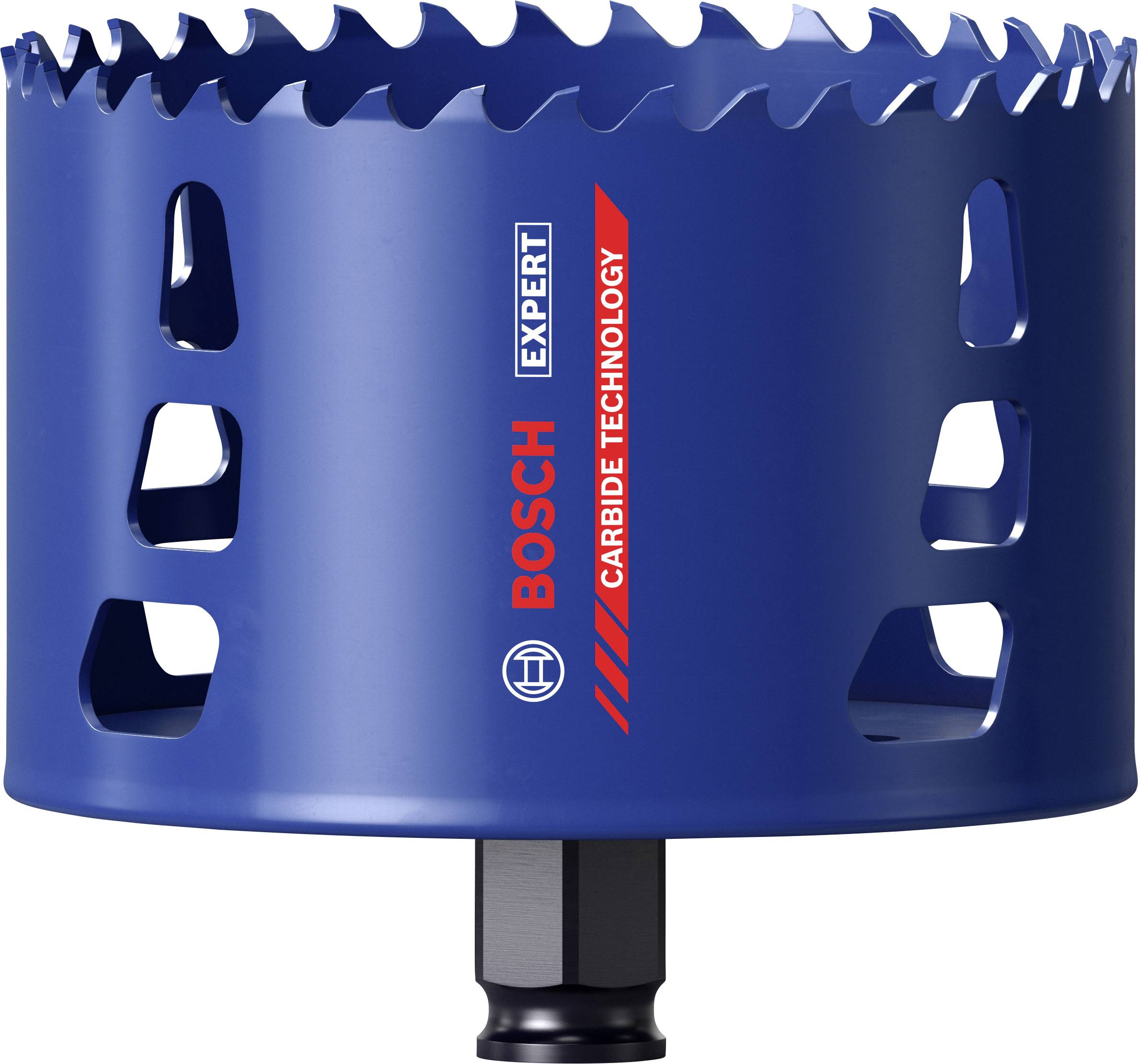 Blaue Lochsäge mit roten Markierungen und Aufschrift 'Bosch Expert'. Verwendet für präzises Schneiden in Metall mit Karbidtechnologie.