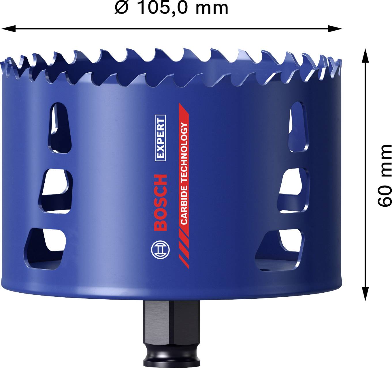 Blauer Bohrkranz von Bosch mit 105 mm Durchmesser und 60 mm Höhe, gekennzeichnet mit 'Expert' und 'Carbide Technology'.